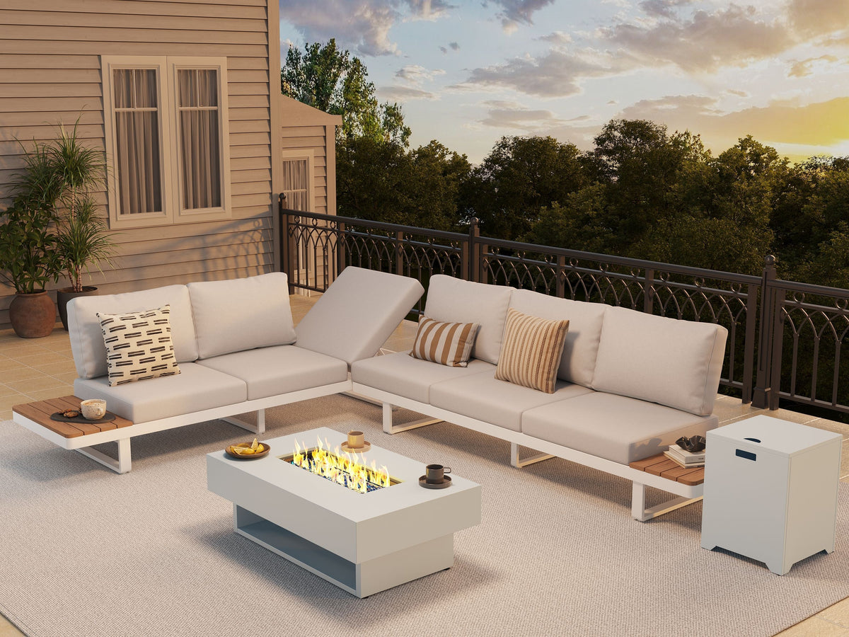 aluminum Outdoor patio sectional set with fire pit table on a deck