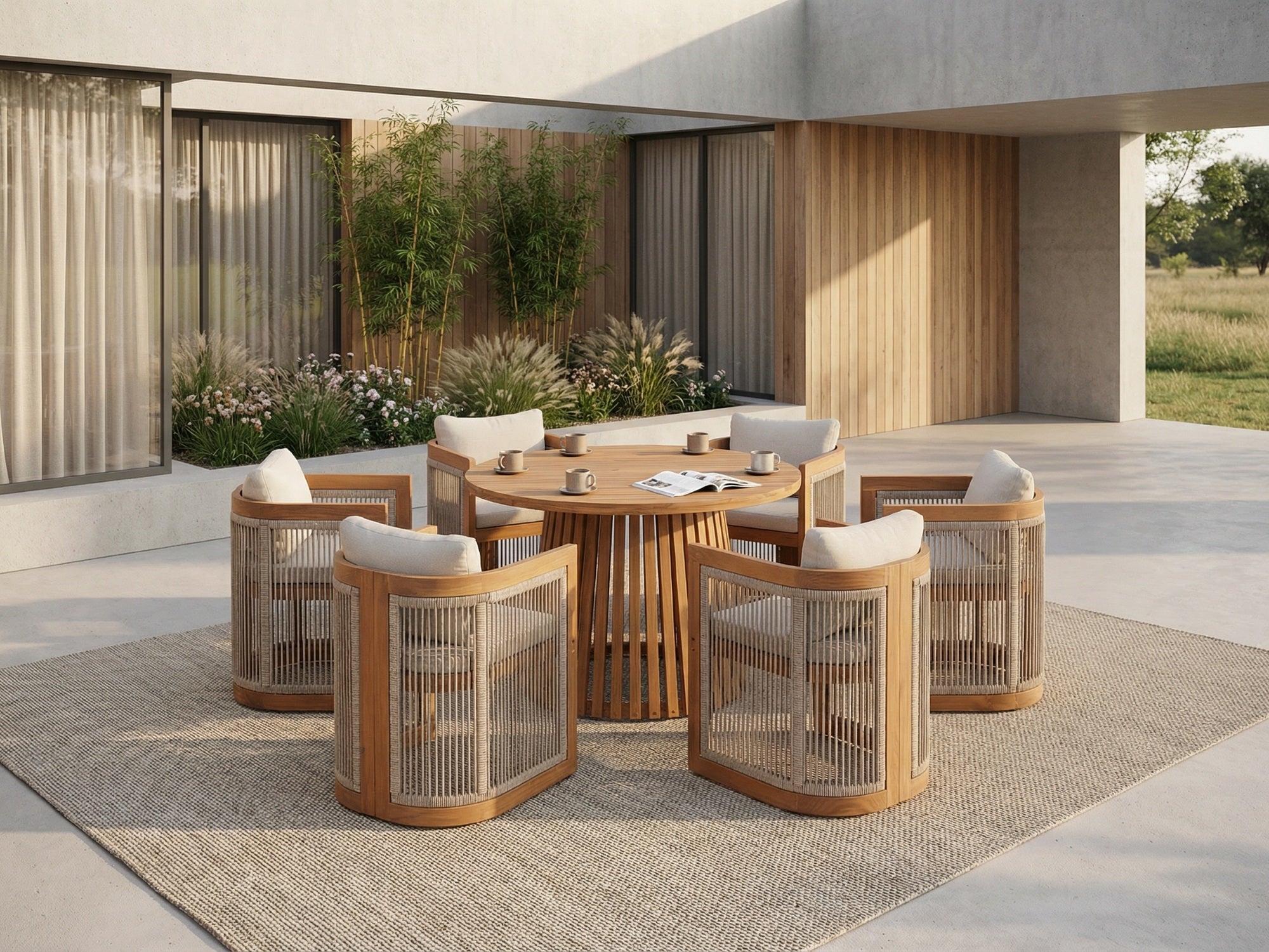 modern Outdoor patio furniture dining set with acacia wooden chairs and round table for 6 people- Jardina Premium Modern Outdoor Dining Furniture