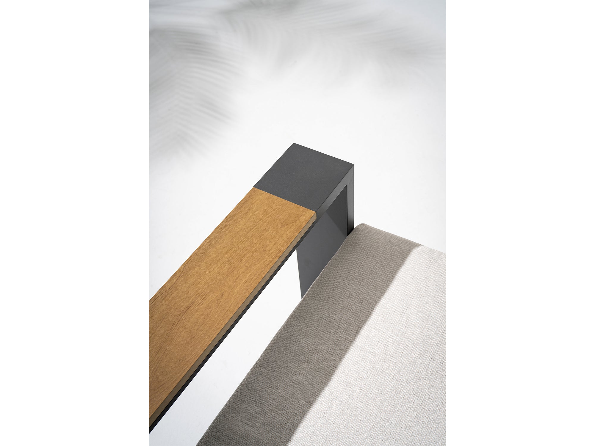 Addision Modern Metal Outdoor conversation sofa set, Dark Grey Aluminum Frame, White Cushions, wood-top armrests detail - Jardina Premium Modern Outdoor Patio Furniture #color_grey