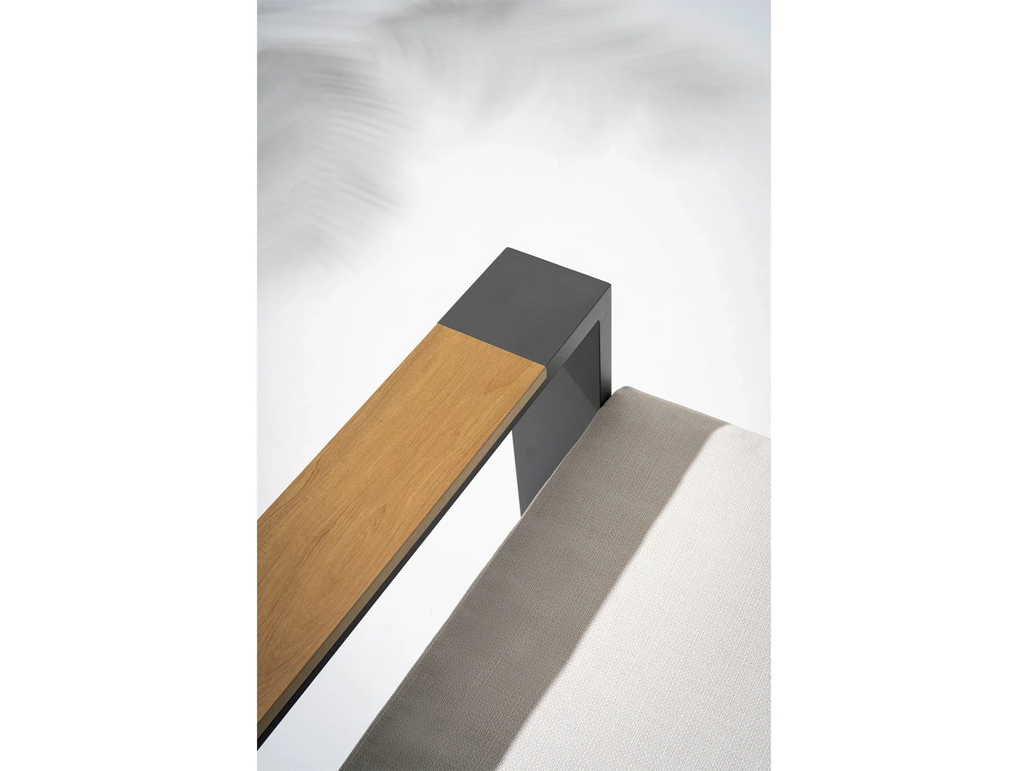 Addision Modern Metal Outdoor conversation sofa set, Dark Grey Aluminum Frame, White Cushions, wood-top armrests detail - Jardina Premium Modern Outdoor Patio Furniture