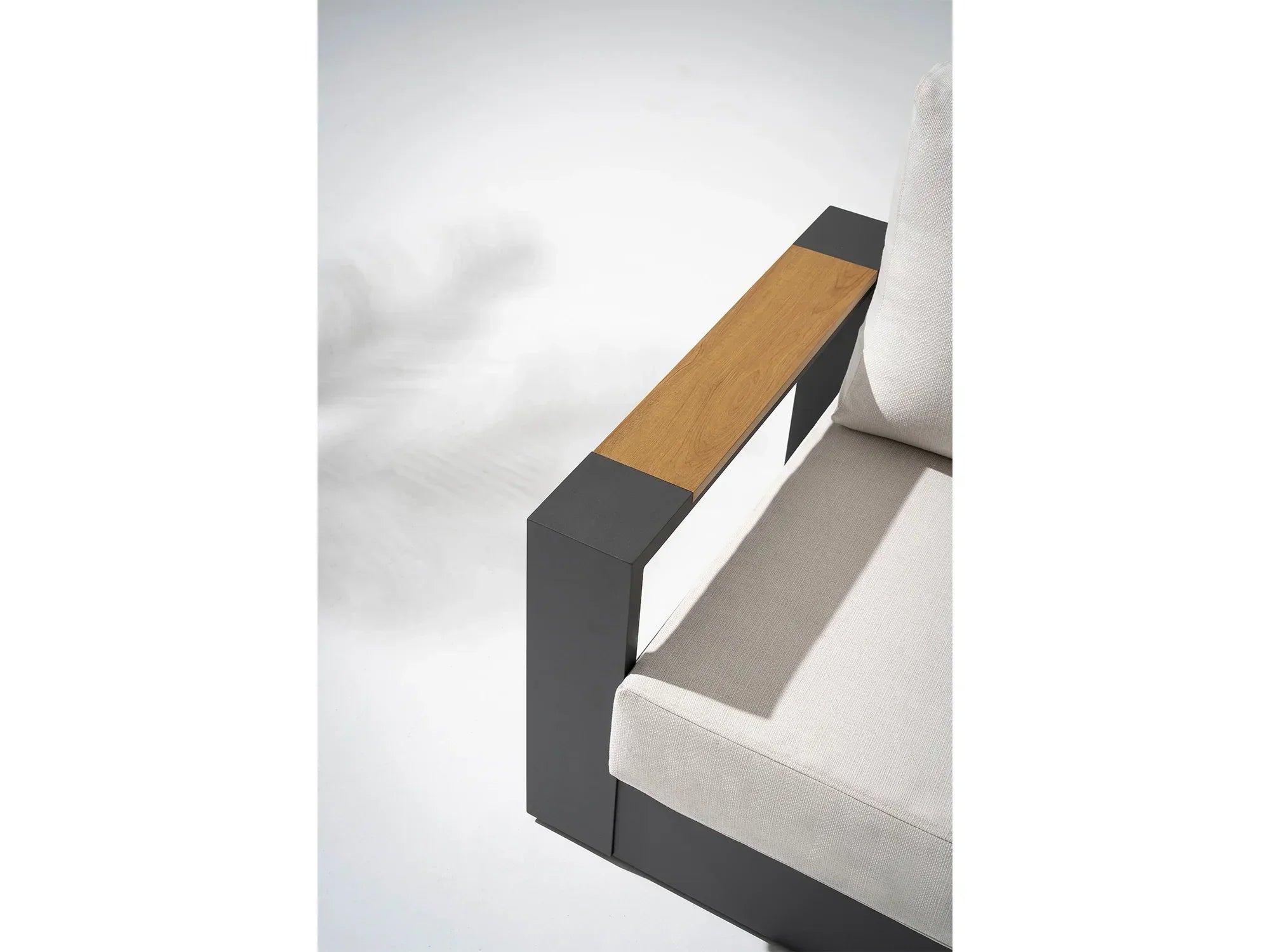 Addision Modern Metal Outdoor conversation sofa set, Dark Grey Aluminum Frame, White Cushions, wood-top armrests detail - Jardina Premium Modern Outdoor Patio Furniture