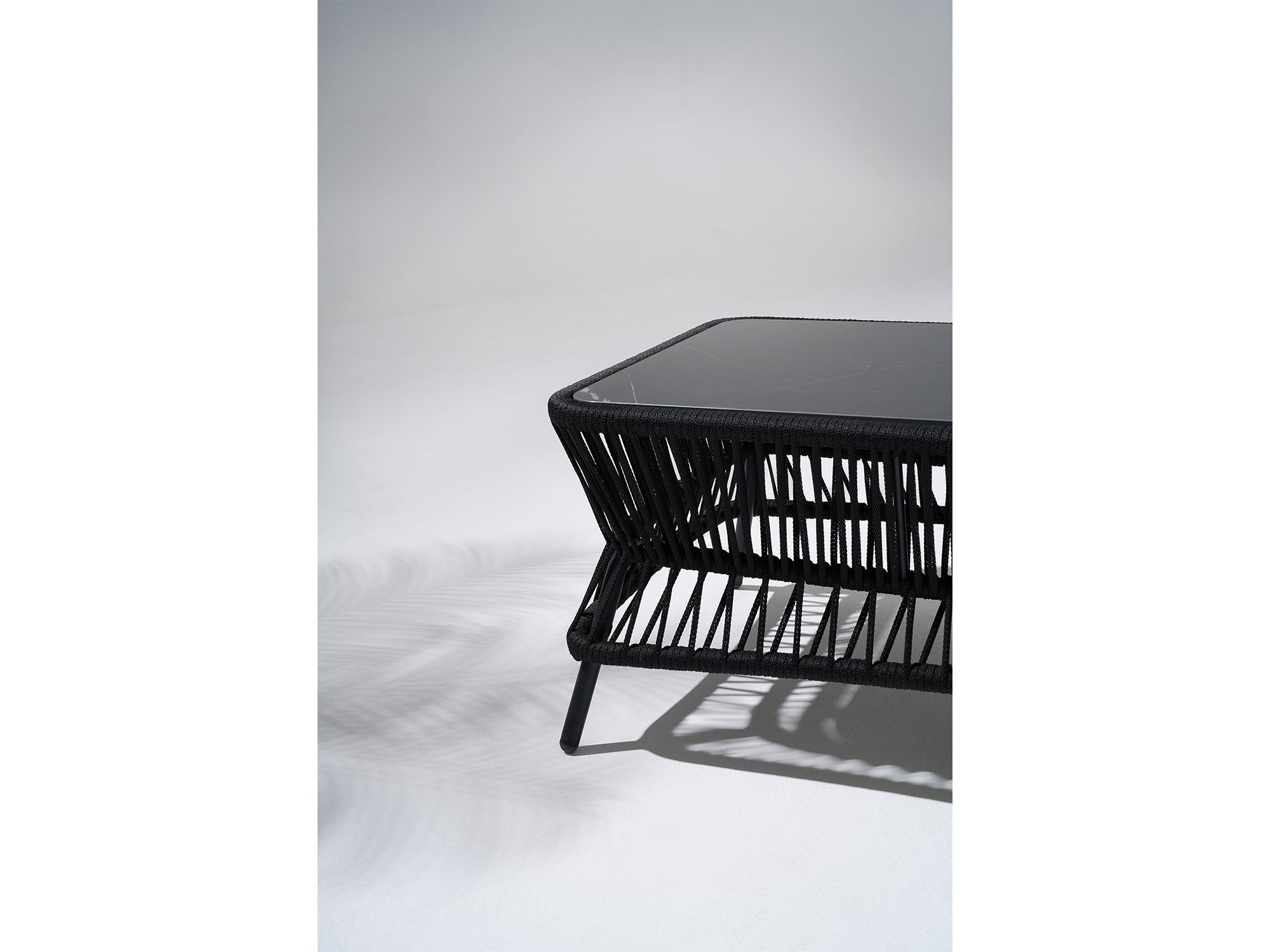 Wonder 45'' Midway Rectangular Outdoor Coffee Table, black rope design detail - Jardina Premium Modern Outdoor Patio Furniture