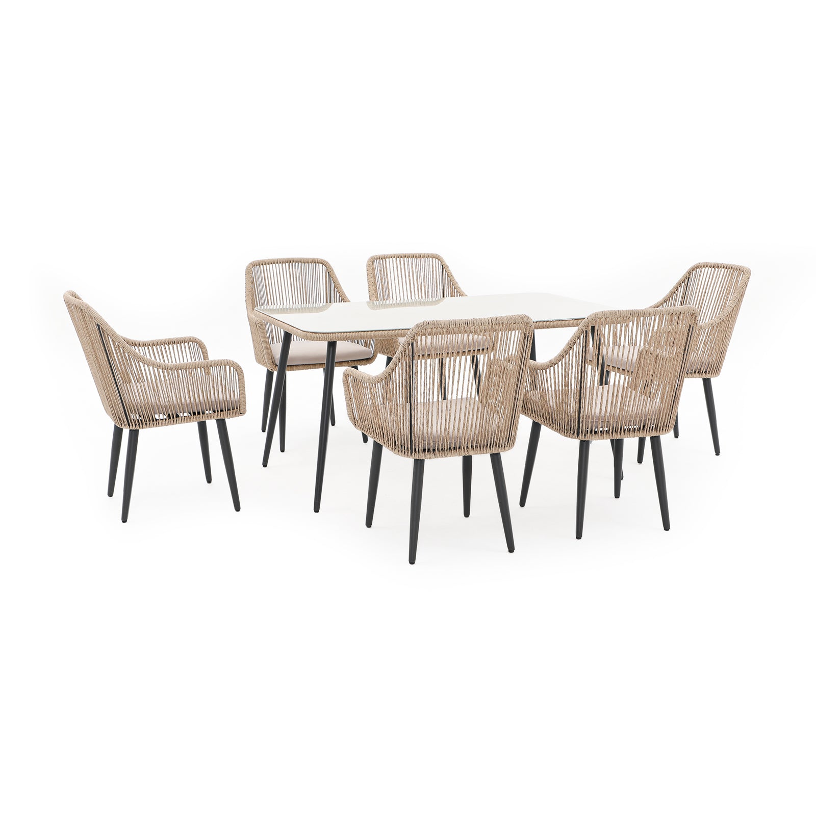 Hallerbos Modern Wicker Outdoor Furniture, 6 people Outdoor Dining Set with steel frame, dining chairs with vertical rattan design, Rectangular Table, beige cushion - Jardina Furniture#Color_Natural