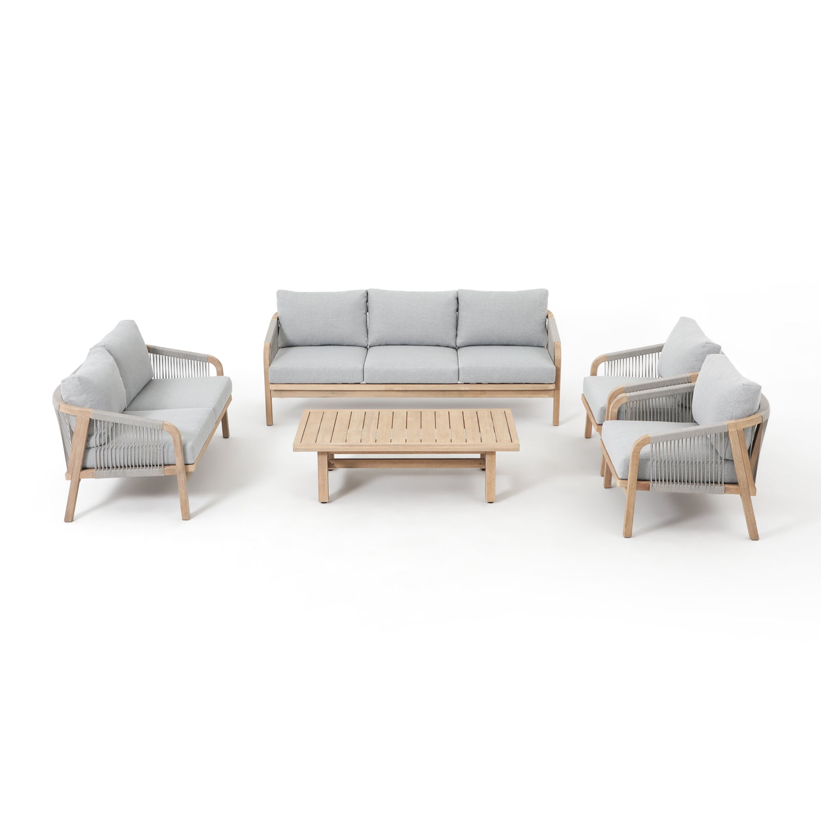 5-pcs Wooden Outdoor conversation sofa set, a triple sofa, a loveseat sofa, two single sofa armchairs, gray seat and back cushions, gray rope design, a rectangular wood outdoor coffee table - Jardina Premium Modern Outdoor Patio Furniture Set