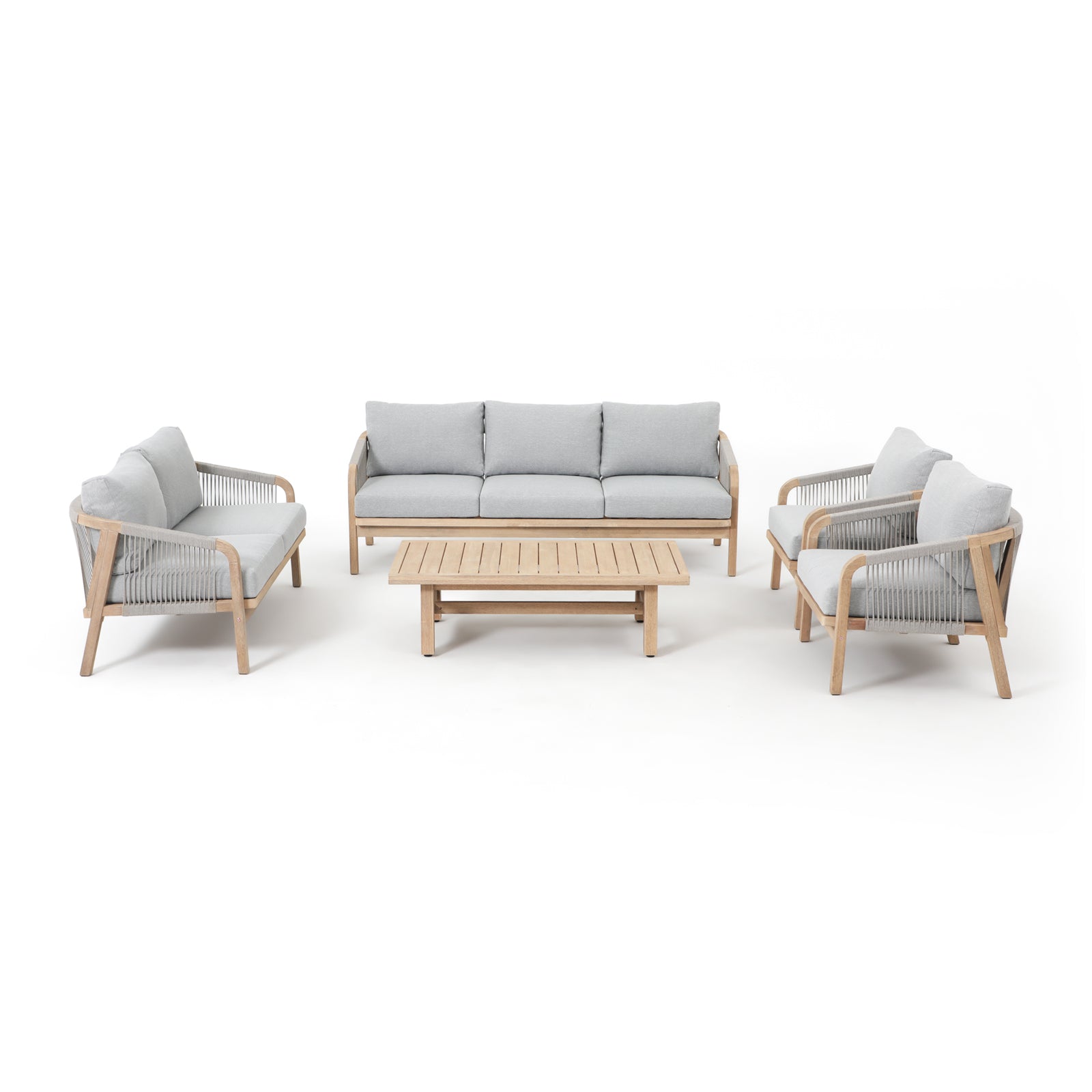 5-pcs Wooden Outdoor conversation sofa set, a triple sofa, a loveseat sofa, two single sofa armchairs, gray seat and back cushions, gray rope design, a rectangular wood outdoor coffee table - Jardina Premium Modern Outdoor Patio Furniture Set