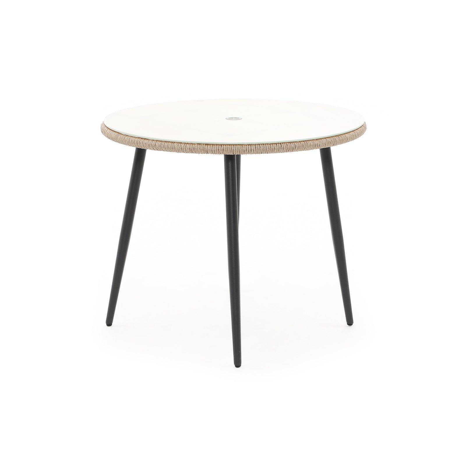 Hallerbos Modern Outdoor Round Dining Table with umbrella hole and steel frame, natural rattan design, front - Jardina Furniture#Color_Natural