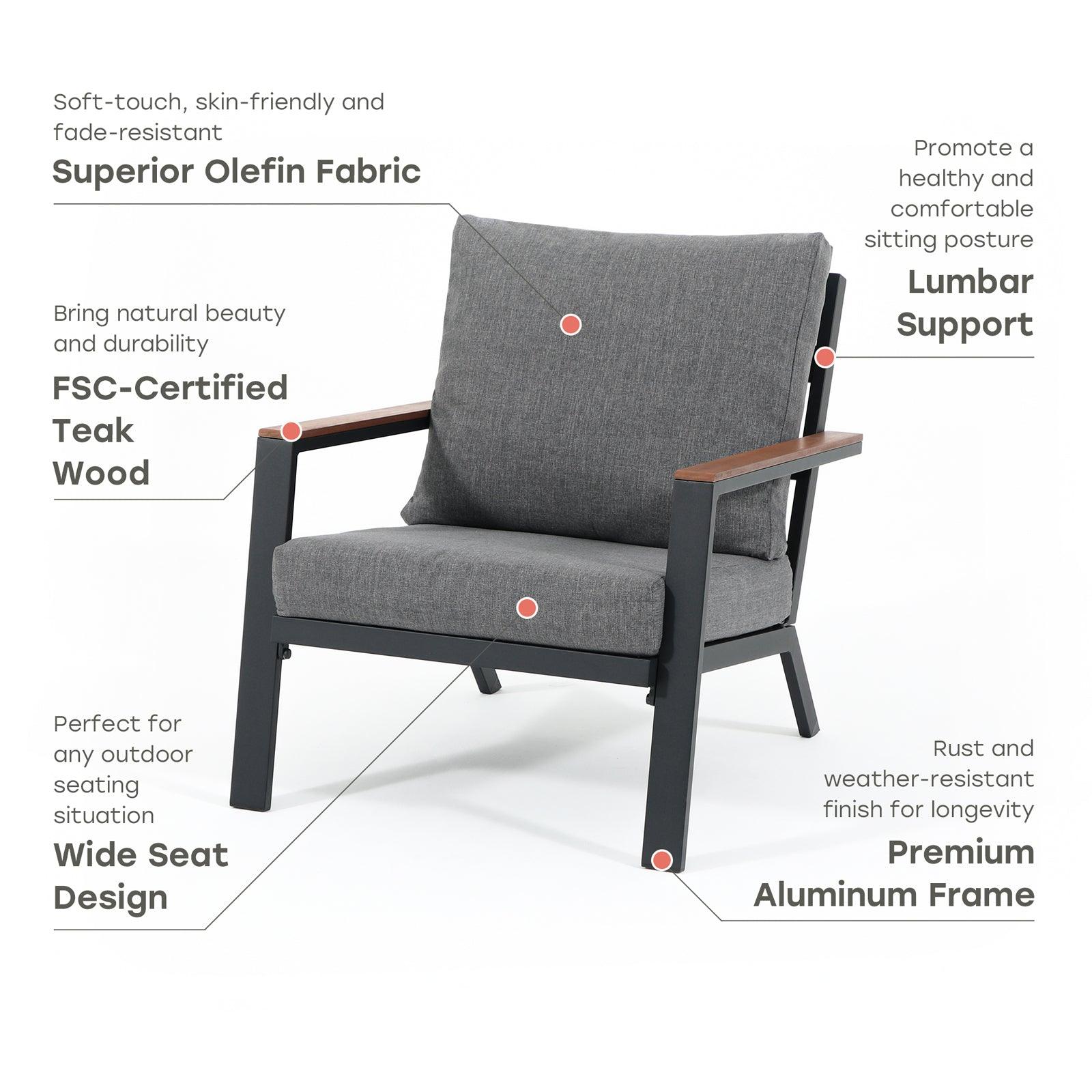 Ronda Grey Aluminum Lounge Chairs with Wooden-Top Armrests, Set of 2