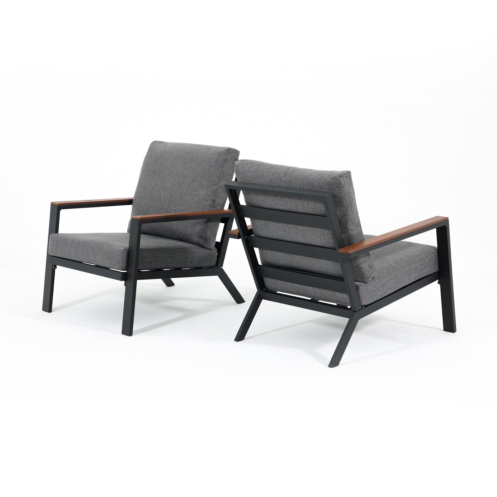 Ronda Modern Grey aluminum outdoor lounge chair with wood design, grey cushions, wood finish armrest, two angles view- Jardina Furniture