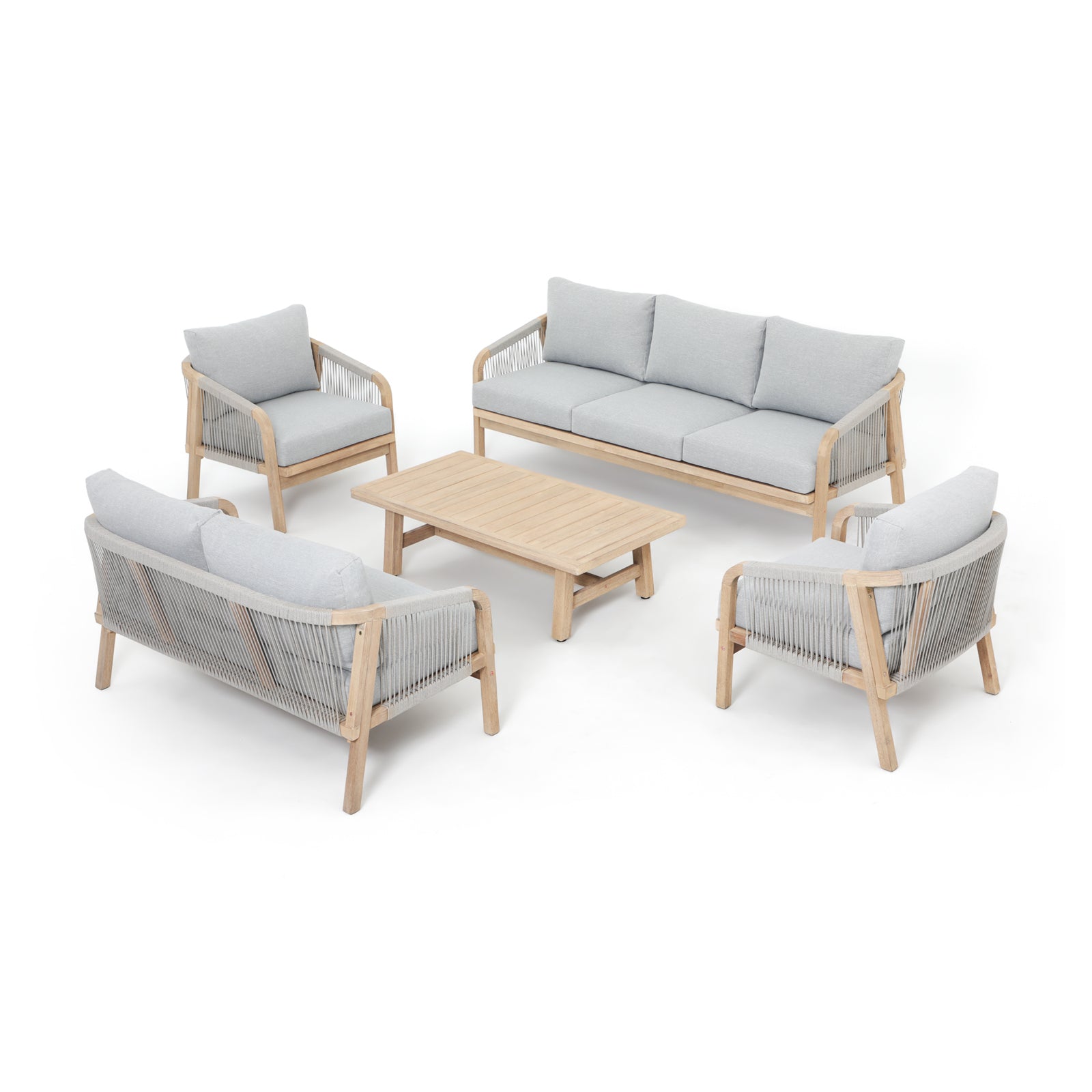 7-seats Wooden Outdoor conversation sofa set, a triple sofa, a loveseat sofa, two single sofa armchairs, gray seat and back cushions, gray rope design, a rectangular wood outdoor coffee table - Jardina Premium Modern Outdoor Patio Furniture Set