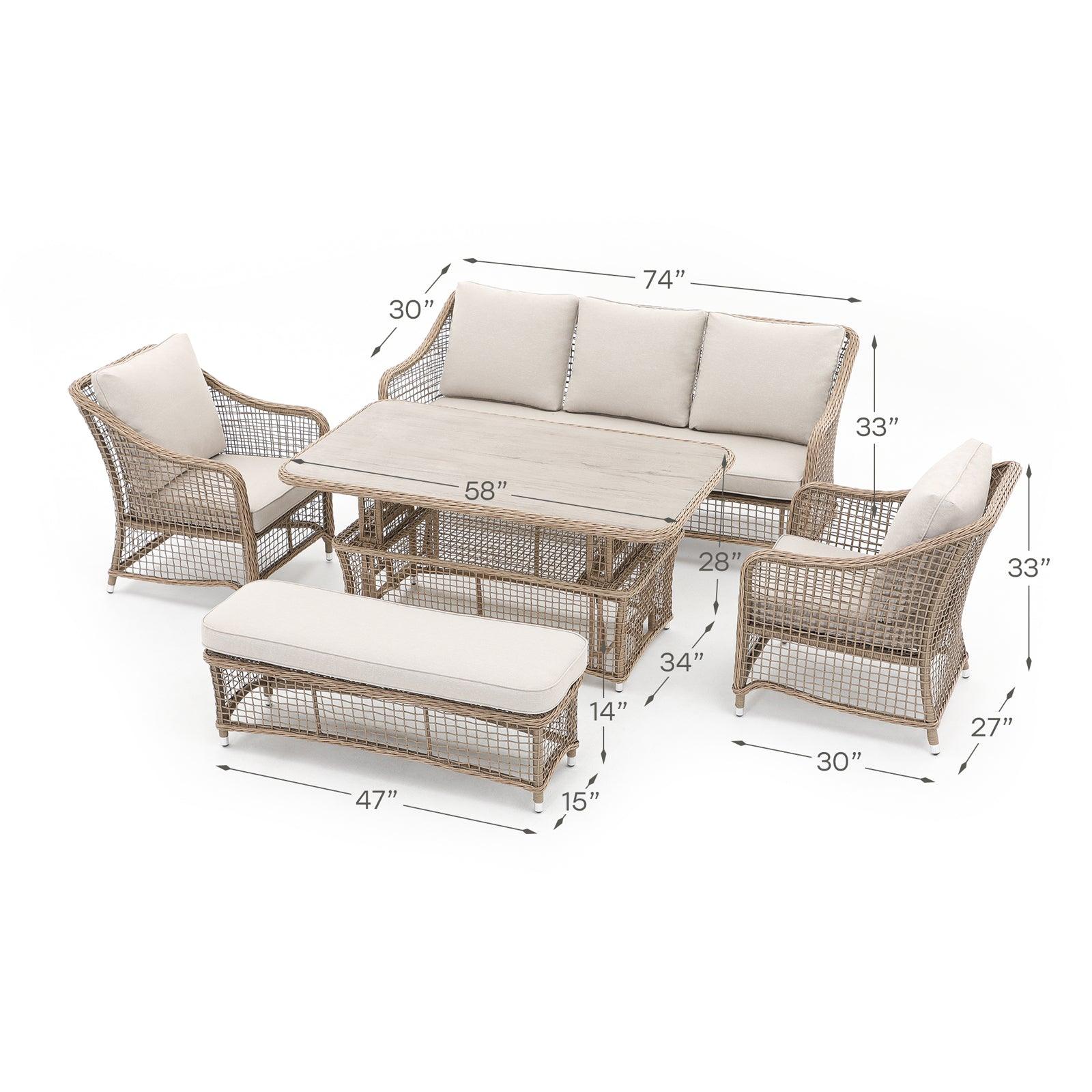 Irati 5-Piece natural color wicker outdoor seating set with aluminum frame, Creamy-white cushions, 1 three-seater sofa, 2 armchairs, 1 bench, 1 lift top dining table, dimension information- Jardina Furniture #color_Natural