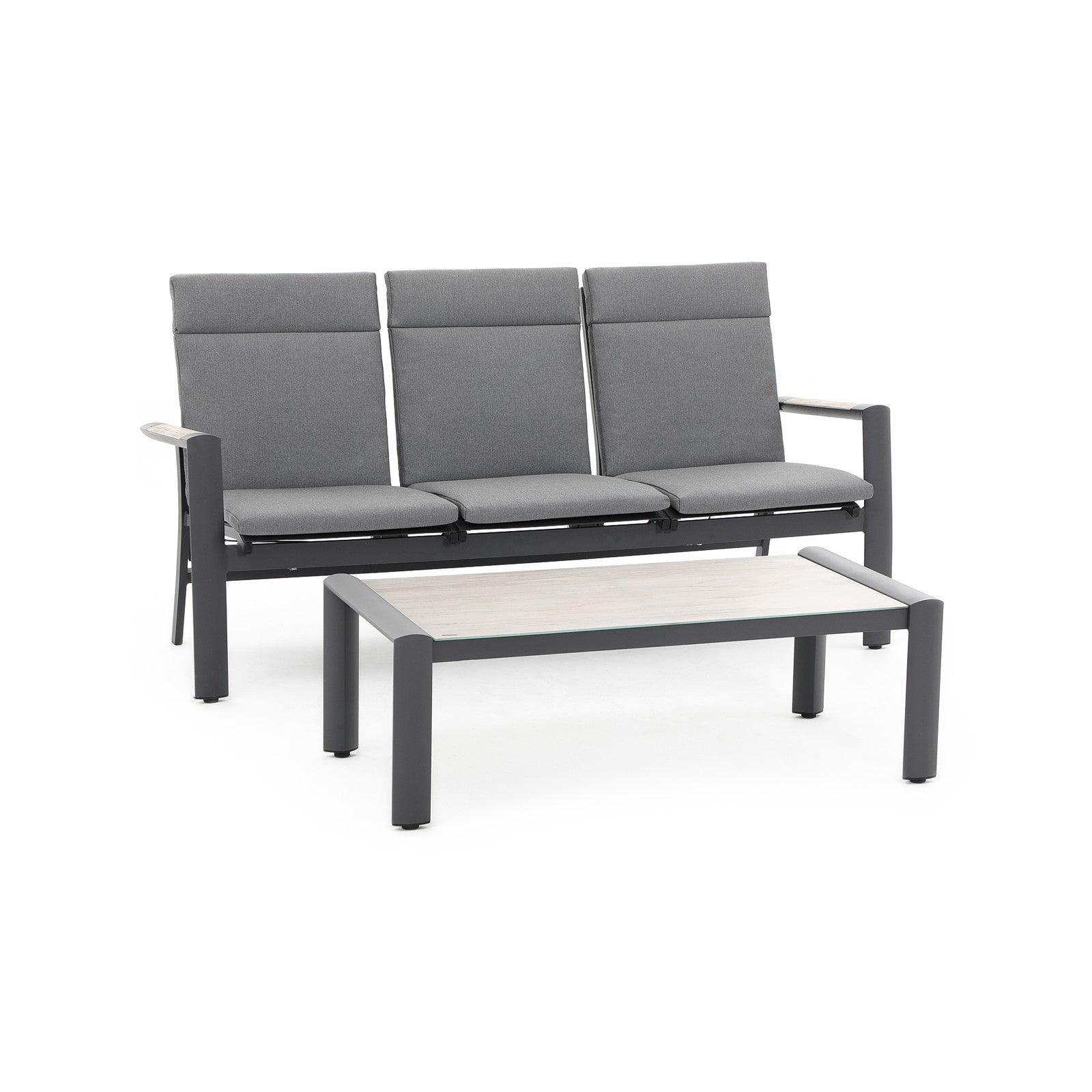 Capri Modern Aluminum converstaion set, adjustable 3-seater outdoor Sofa with grey cushions + 1 rectangle coffee table with glass top, white background - Jardina Premium Modern Outdoor Patio Furniture Set
