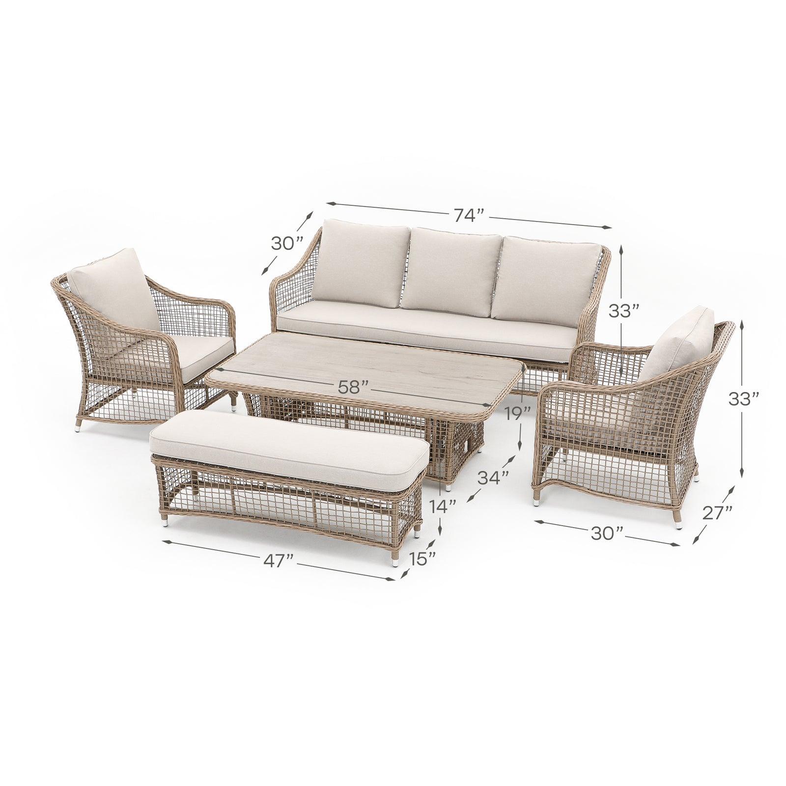 Irati 5-Piece natural color wicker outdoor seating set with aluminum frame, Creamy-white cushions, 1 three-seater sofa, 2 armchairs, 1 bench, 1 lift top dining table,dimension information- Jardina Furniture #color_Natural