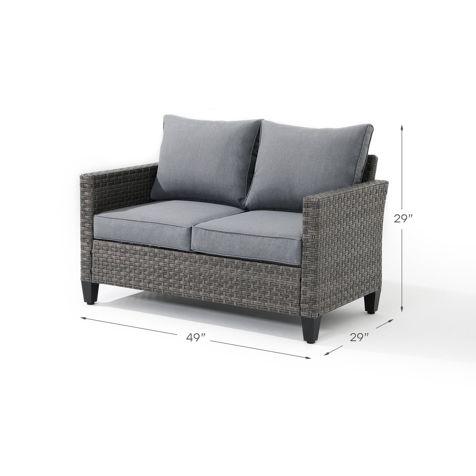 Ayia grey loveseat with rattan design, grey cushions, dimension information - Jardina Furniture#color_Grey