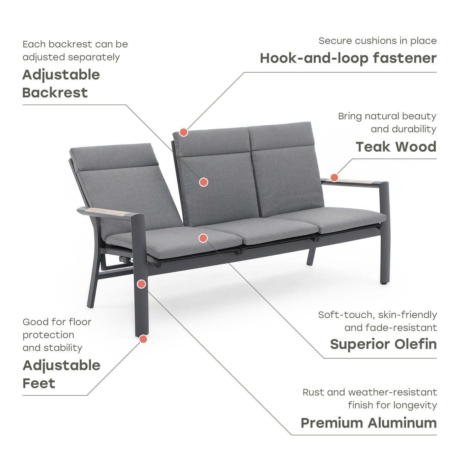 Capri Adjustable Aluminum 3-Seat Outdoor Sofa Set with Teak-Top Armrests