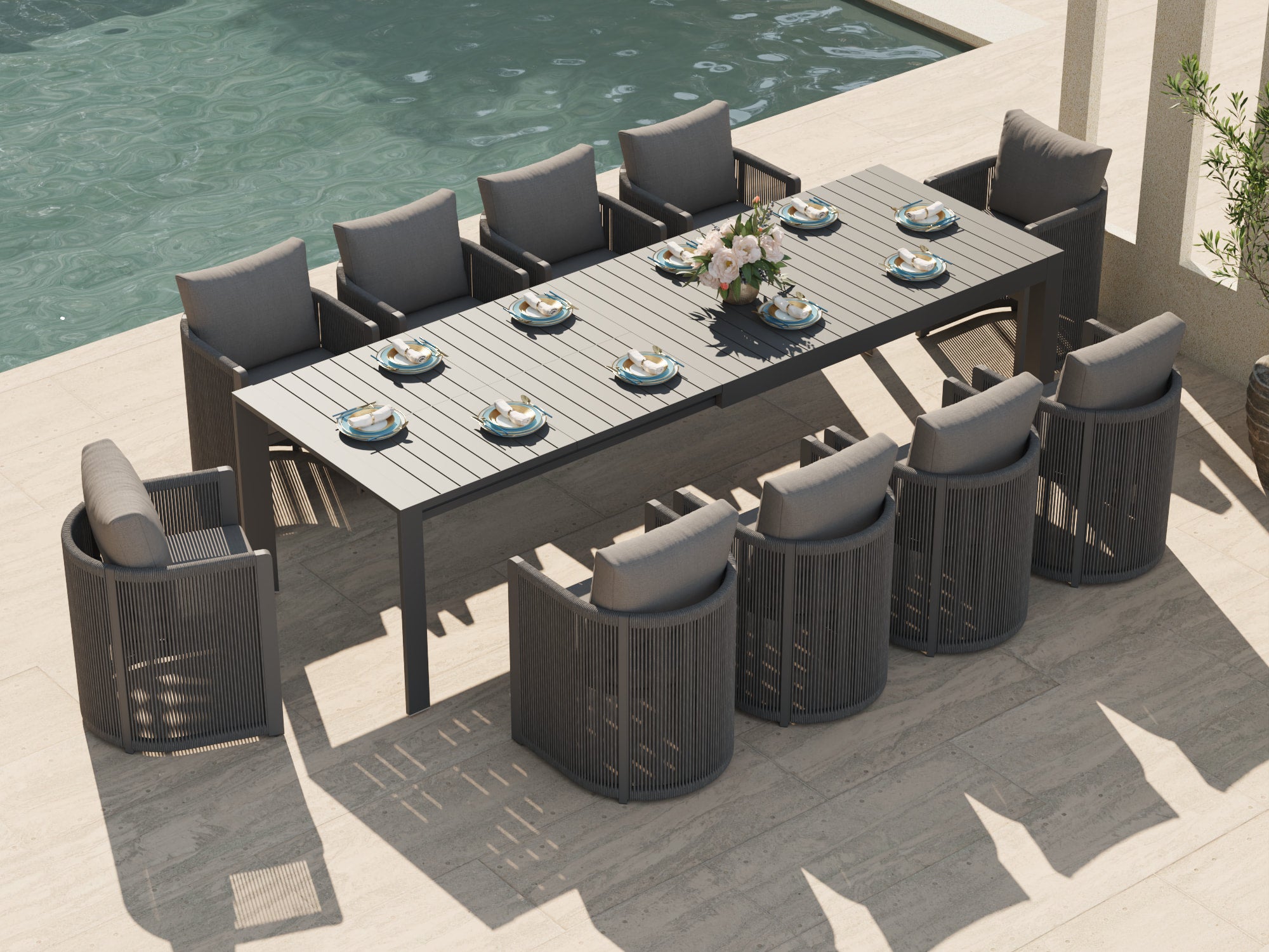 Irati Aluminum Outdoor Dining Set for 6-10 Seats, Dark Grey, Rope Design, Extendable Table