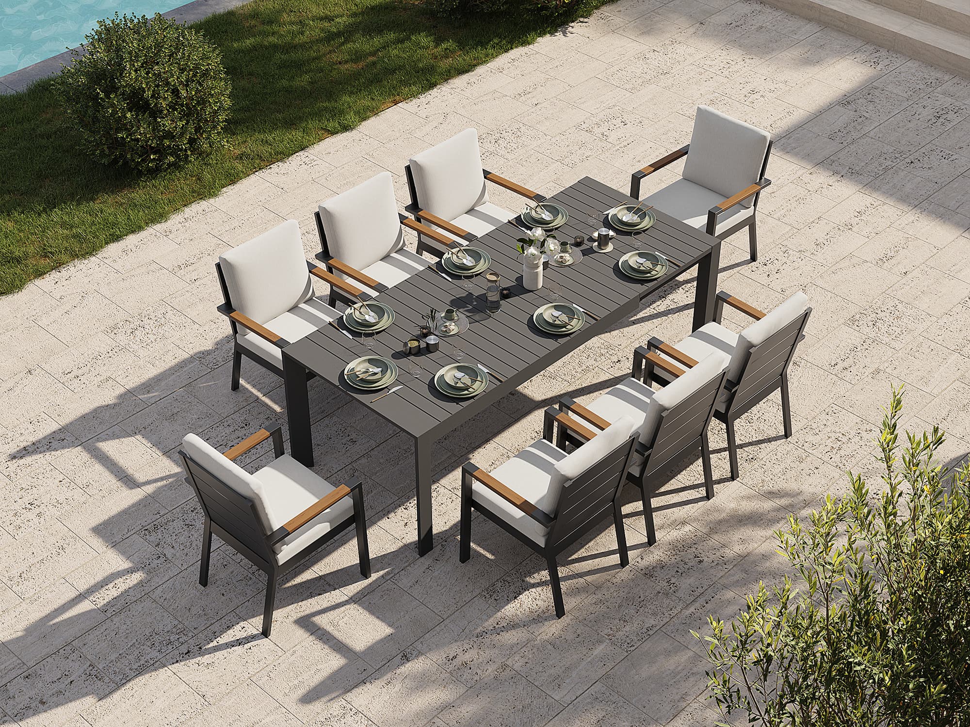 Addison Outdoor Aluminum Dining Set, Dark Grey, Extendable Design, 65"-112"