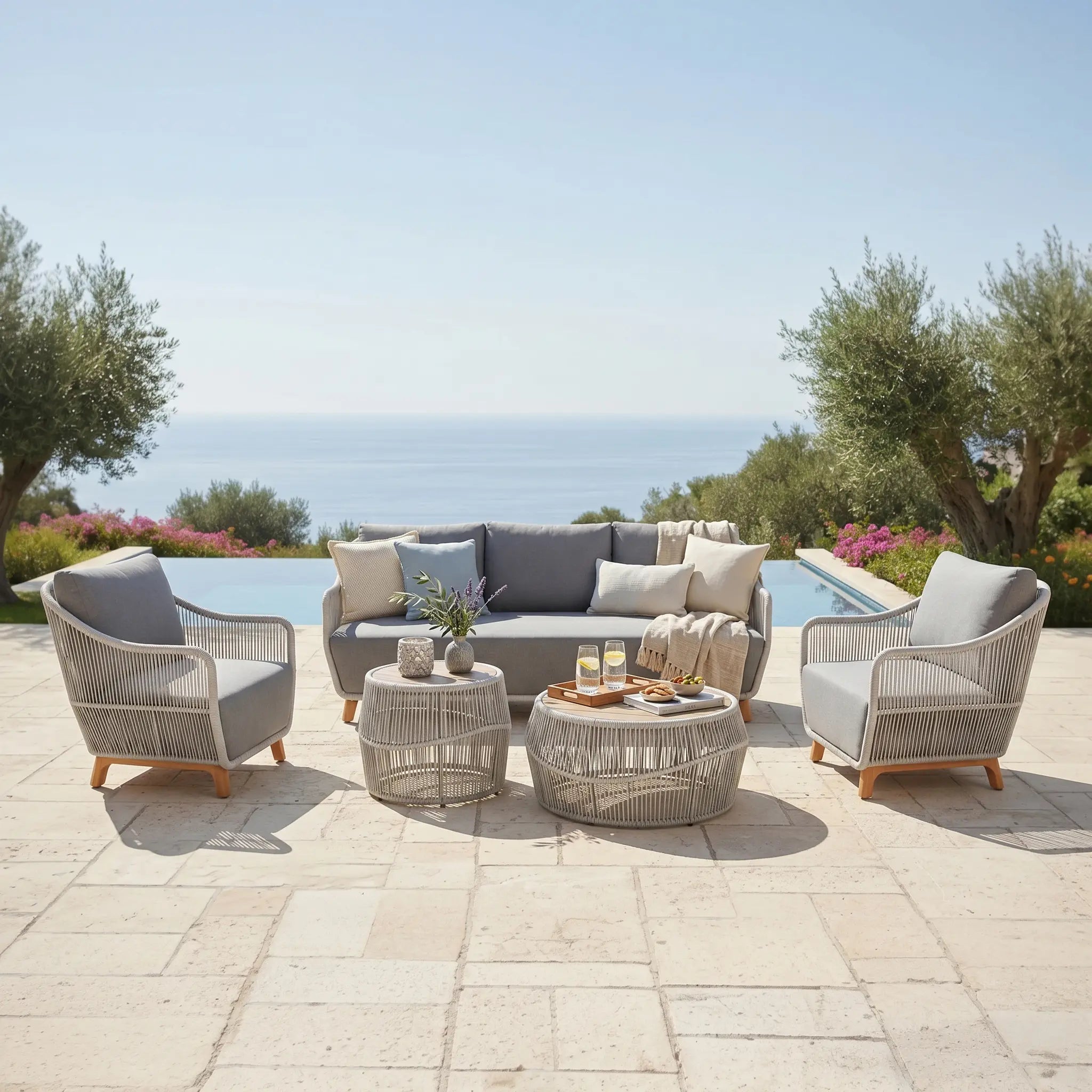 Plena 5-Piece Outdoor Conversation Set, Teak Wood w/ handwoven Rope, Grey