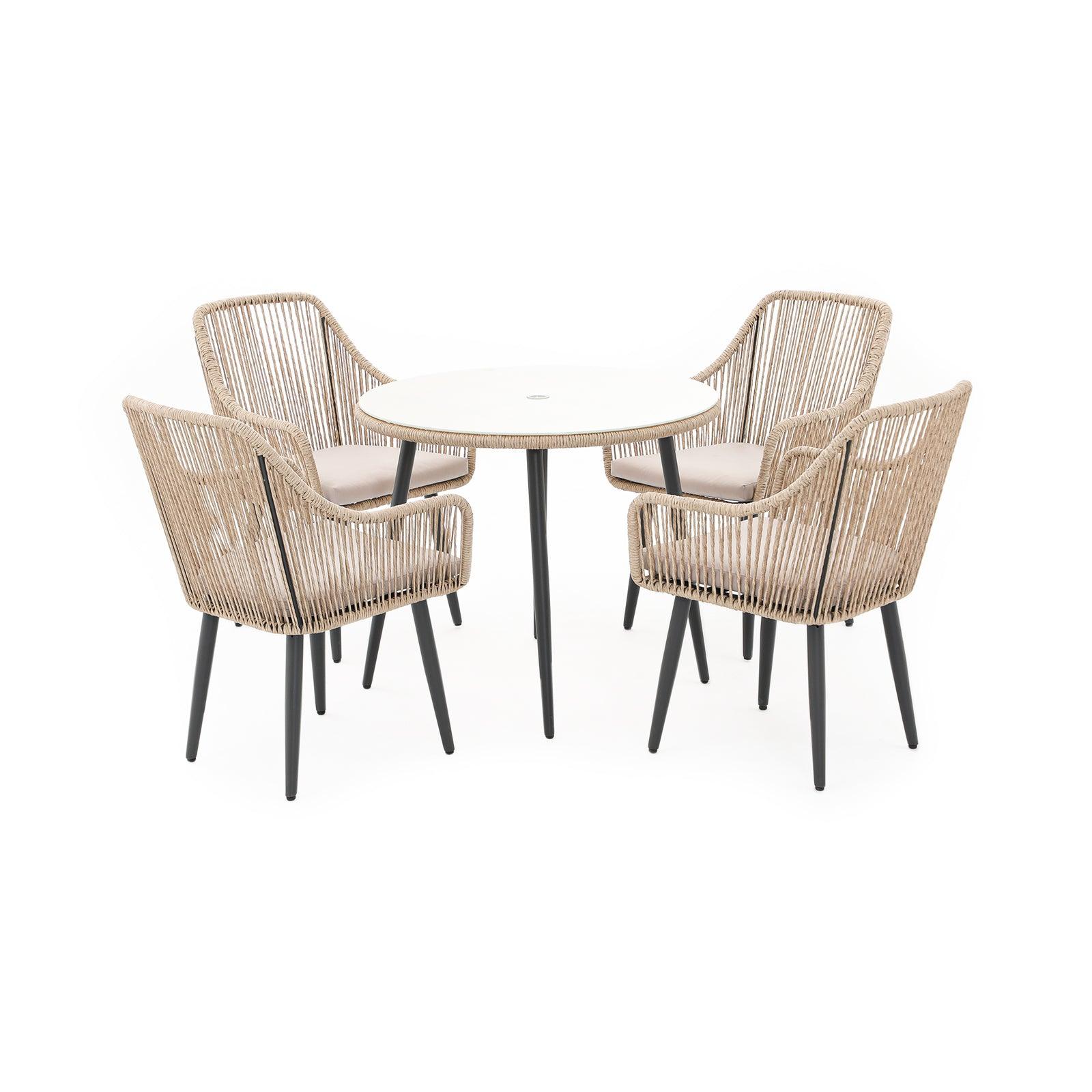 Hallerbos Modern Wicker Outdoor Furniture, steel frame Outdoor Dining Set with umbrella hole, 4 dining chairs natural rattan design, front - Jardina Furniture#Color_Natural