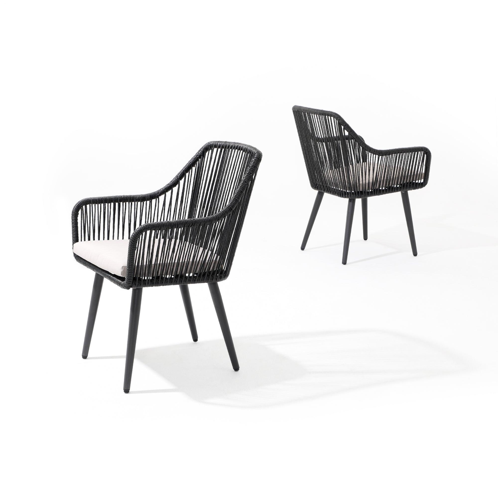 Hallerbos 2 black rattan Dining Chairs with steel frame and beige cushion, 2 angles- Jardina Furniture#Color_Black