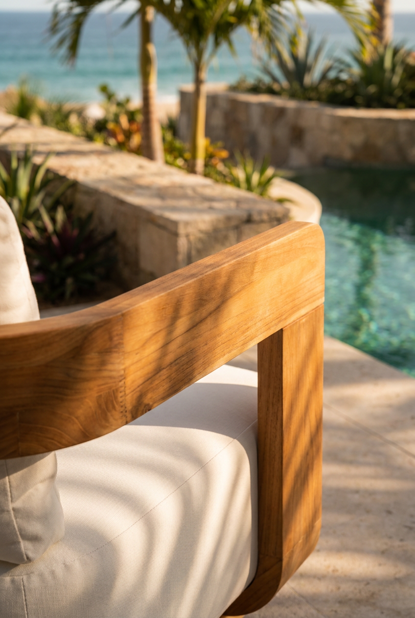 A close-up of a modern outdoor armchair with a warm medium-brown wooden frame and off-white cushion, set beside a swimming pool with palm trees and ocean water in the background.