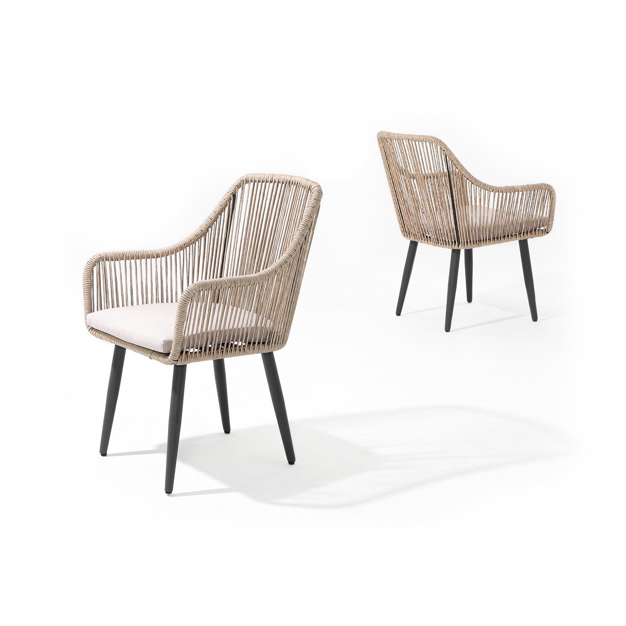 Hallerbos Modern Wicker Outdoor Chairs, 2 natural rattan Dining Chairs with steel frame and beige cushion, 2 different angles- Jardina Furniture#Color_Natural