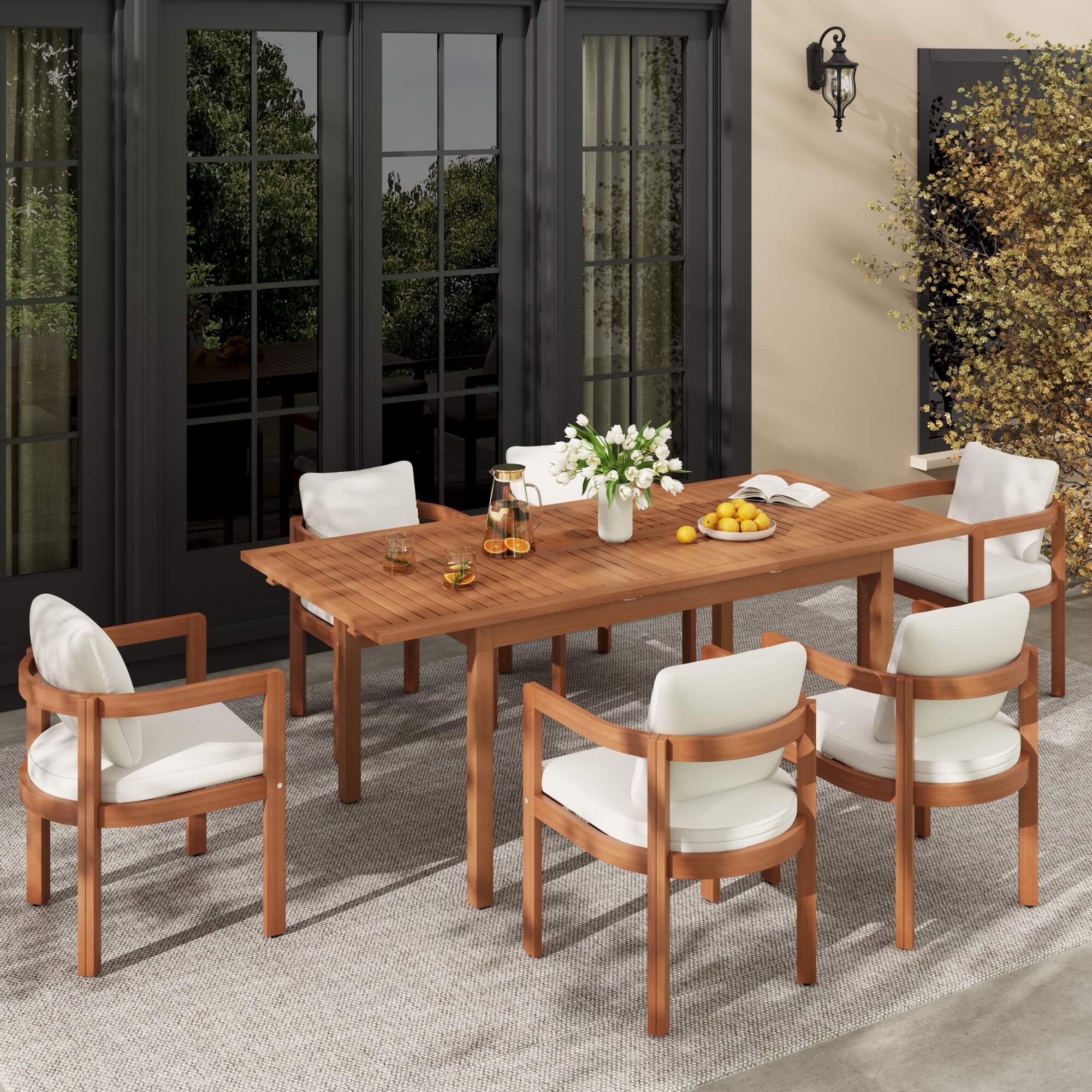 Wooden outdoor dining set for 6 with white cushioned chairs- Jardina Modern Premium Patio Outdoor Furniture