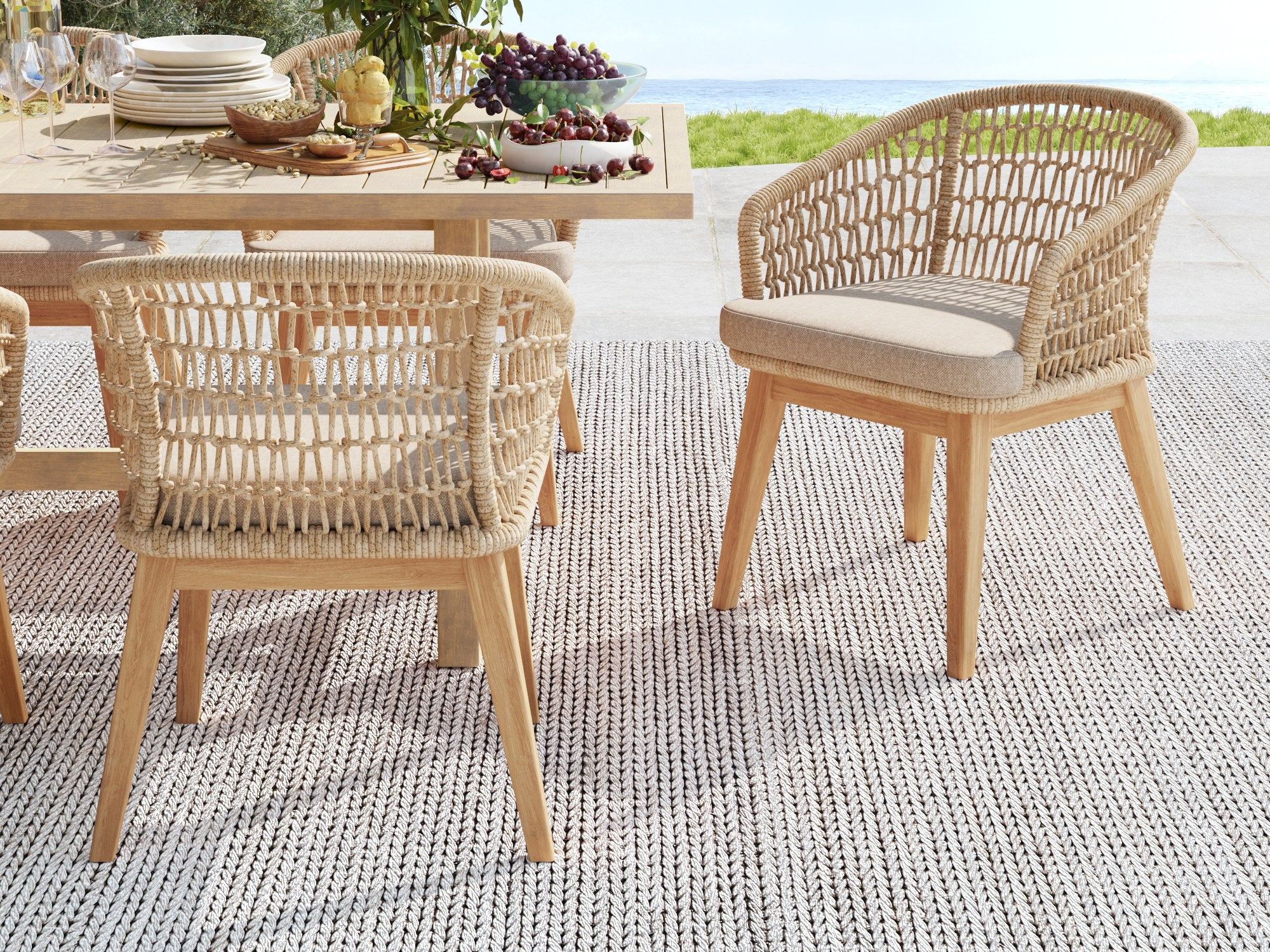 acacia wood Outdoor dining setting with wicker chairs and a table - Jardina Premium Modern Outdoor Dining Furniture