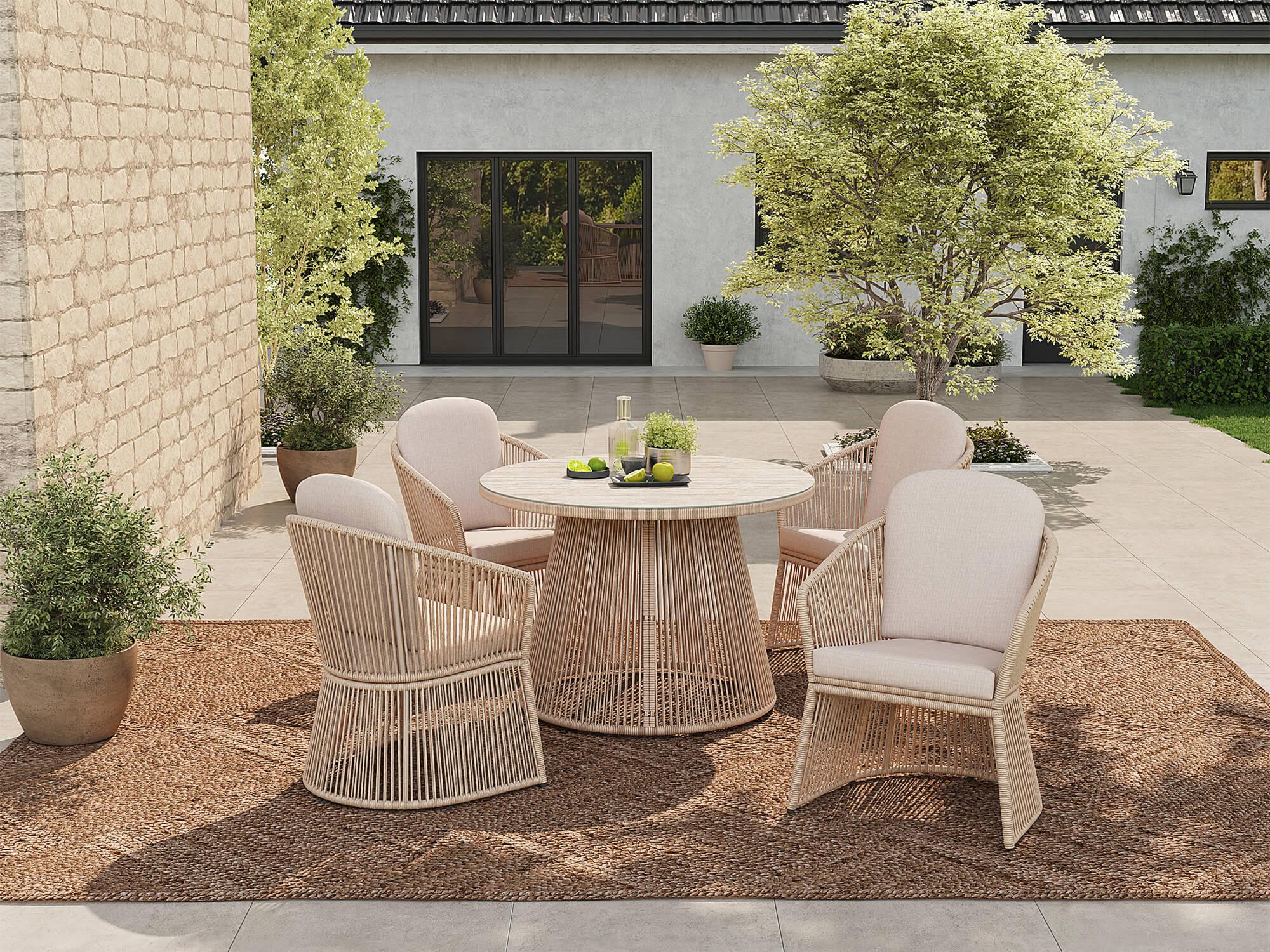 Outdoor patio dining set for 4 with wicker swivel chairs and a round glasstop dining table - Jardina Premium Modern Outdoor Dining Furniture