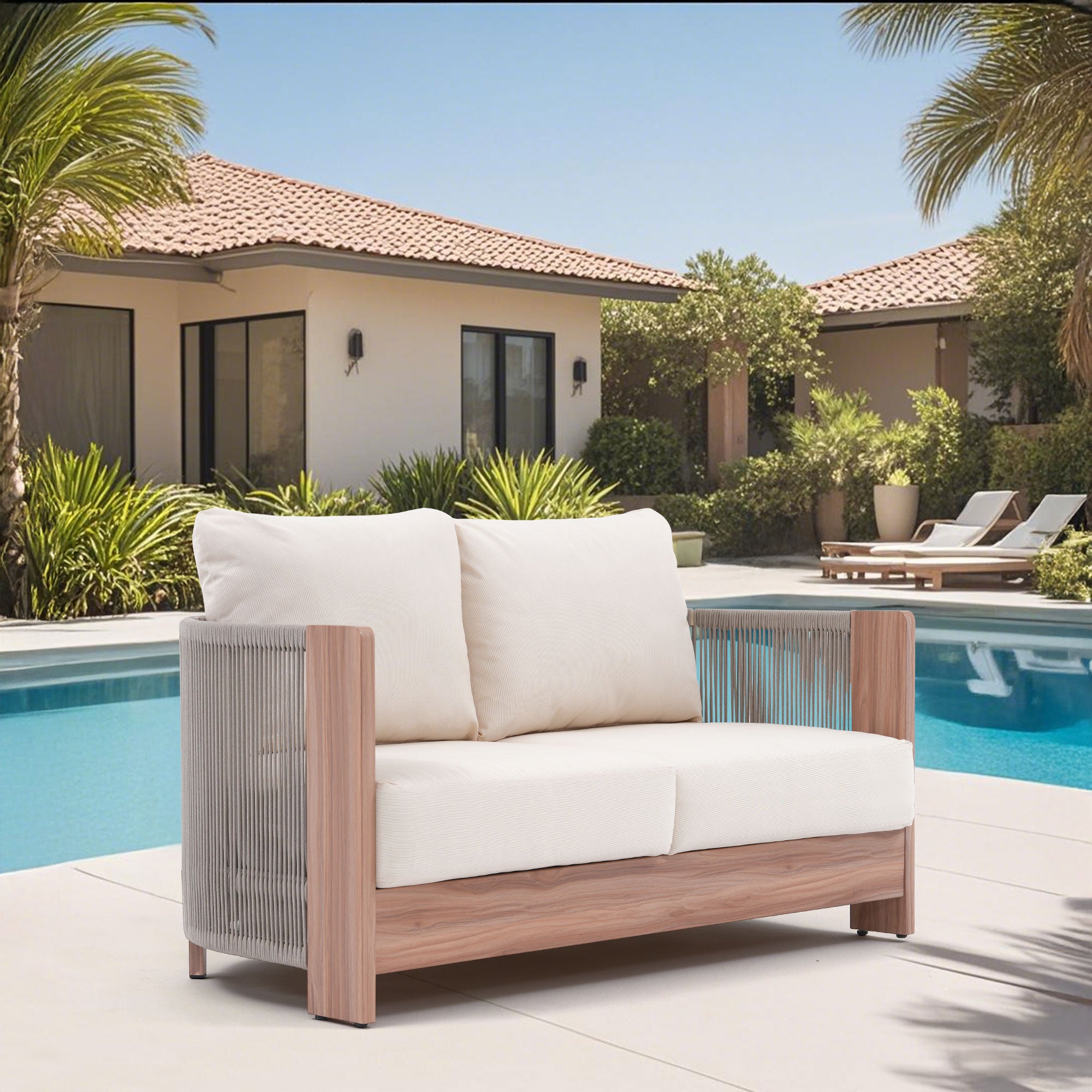 Irati Outdoor Loveseat, Rope Woven Design, Aluminum Frame, Thick Comfort Cushions