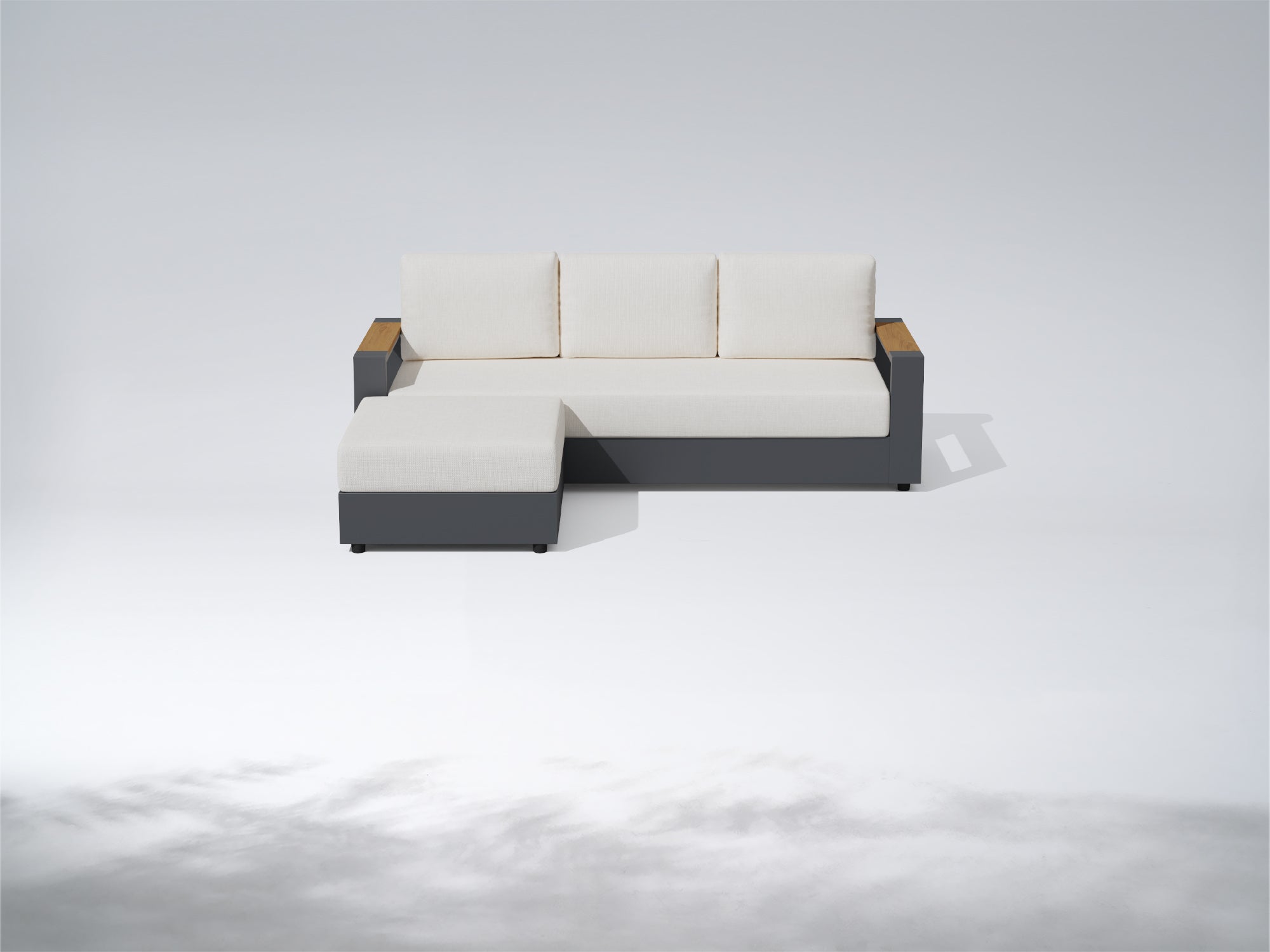 A modern outdoor sectional sofa with a left-facing chaise, featuring off-white cushions, a dark gray frame, and light brown wood armrests, shown on a light gray studio background. #config_3-Seat Chaise