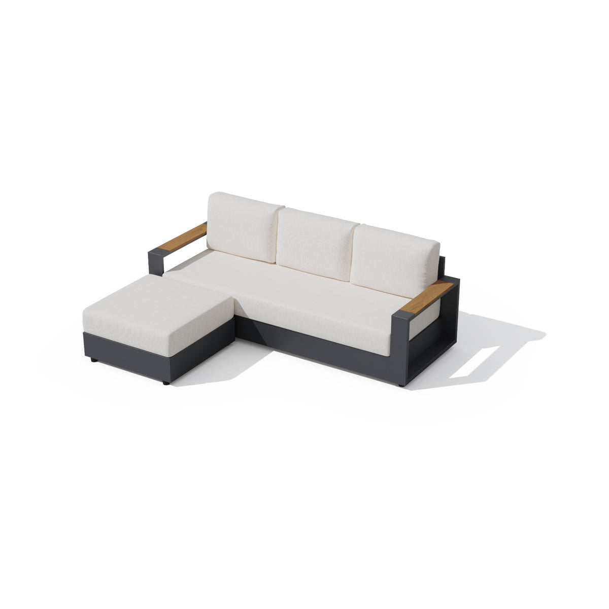 An outdoor sectional sofa with a left-facing chaise ottoman, featuring off-white cushions, a dark gray frame, and light brown wood armrests, shown on a white background with a soft shadow. #config_3-Seat Chaise