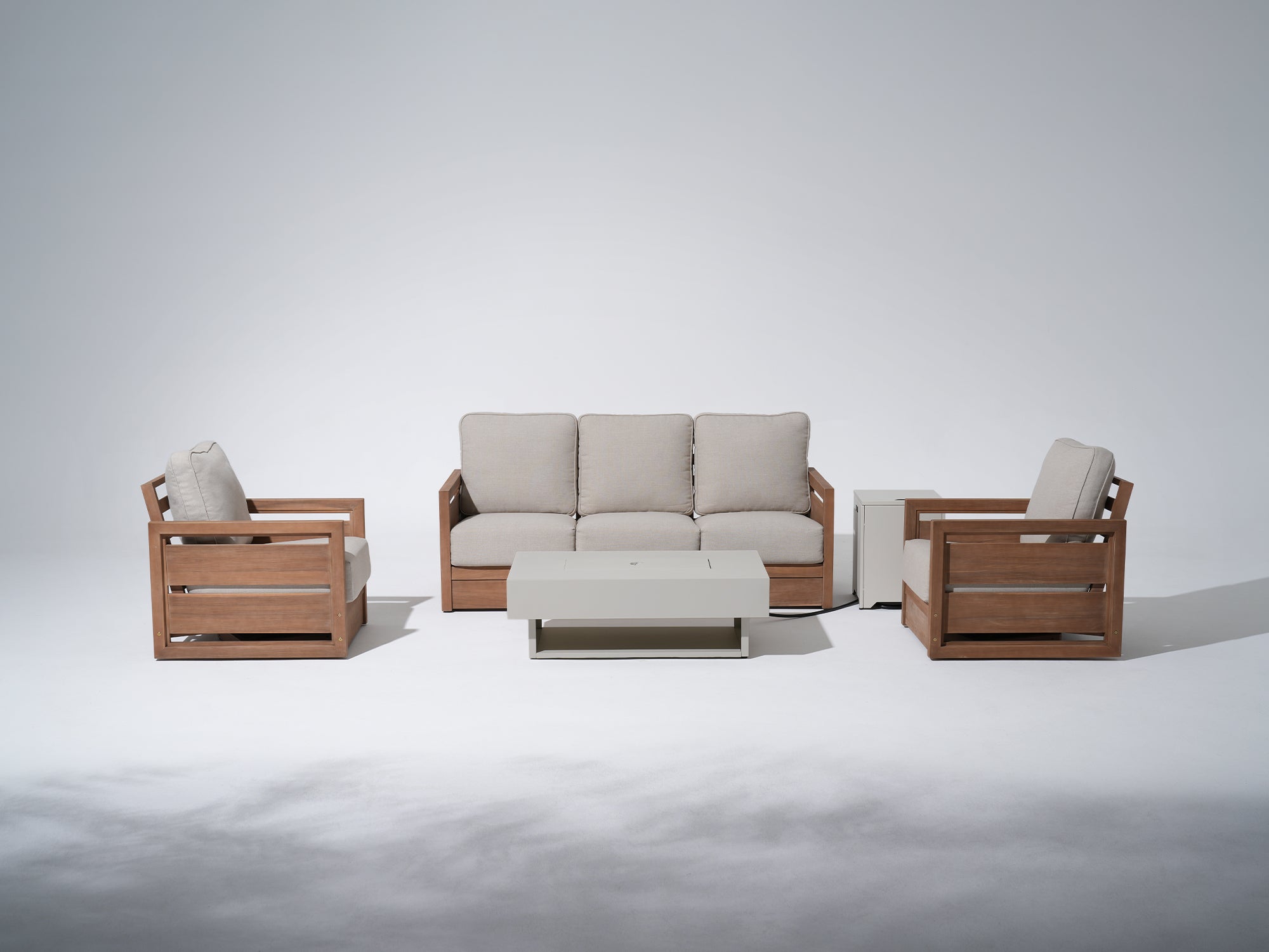 Outdoor furniture fire pit set with acacia wooden frames and beige cushions - Jardina Modern Premium Outdoor Patio Furniture Sets