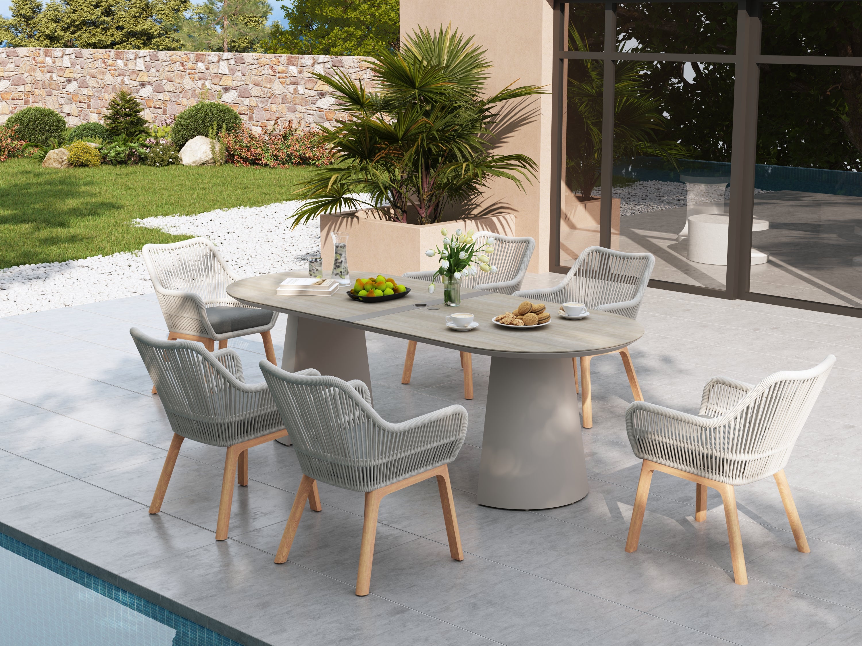 Plena Outdoor Dining Set for 6 with Teak Rope Dining Chairs, Warm Greige Aluminum Frame & Ceramic Glass Tabletop