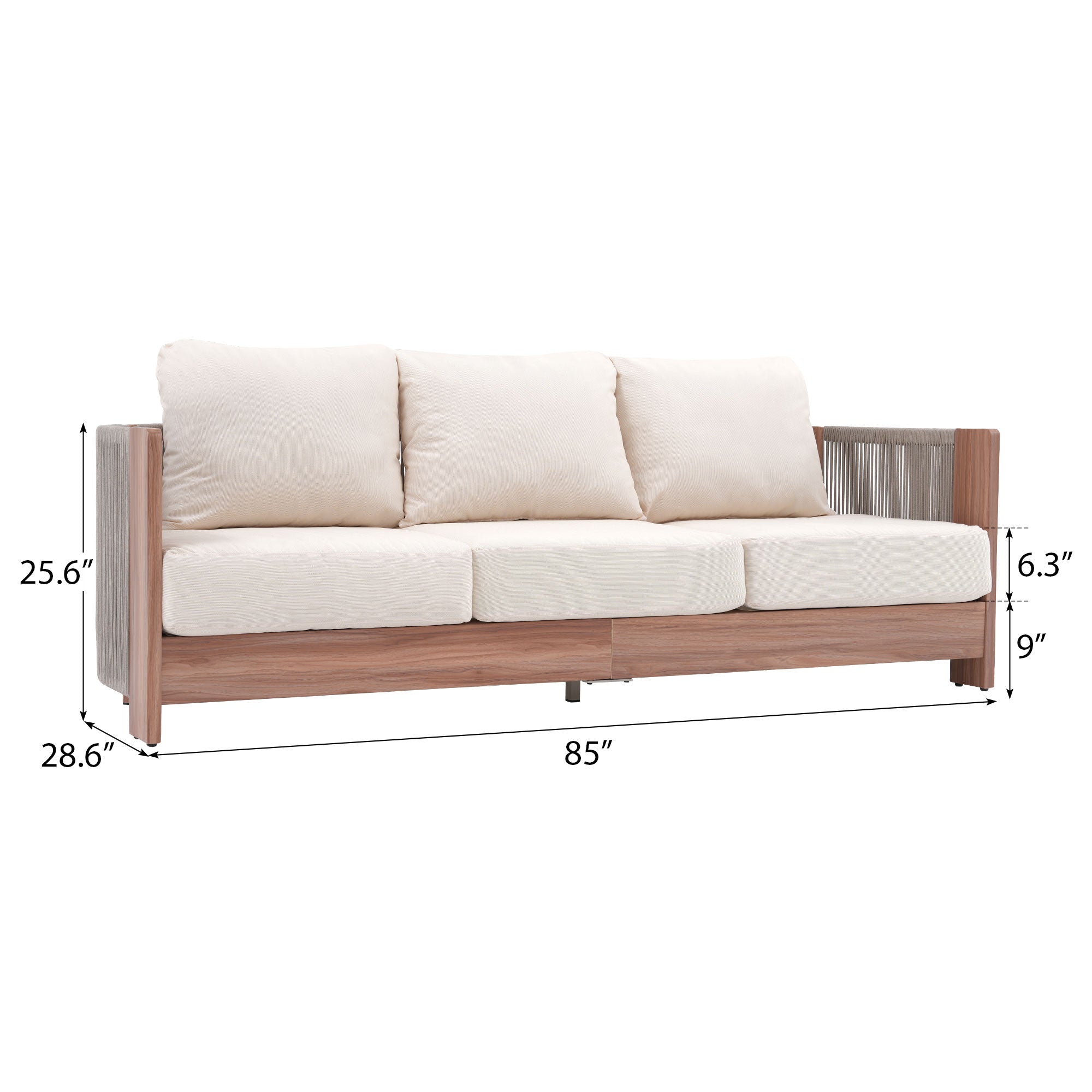 Irati Outdoor 3-Seater Sofa, Modern Rope Design, Aluminum Frame, Thick Water-Resistant Cushions