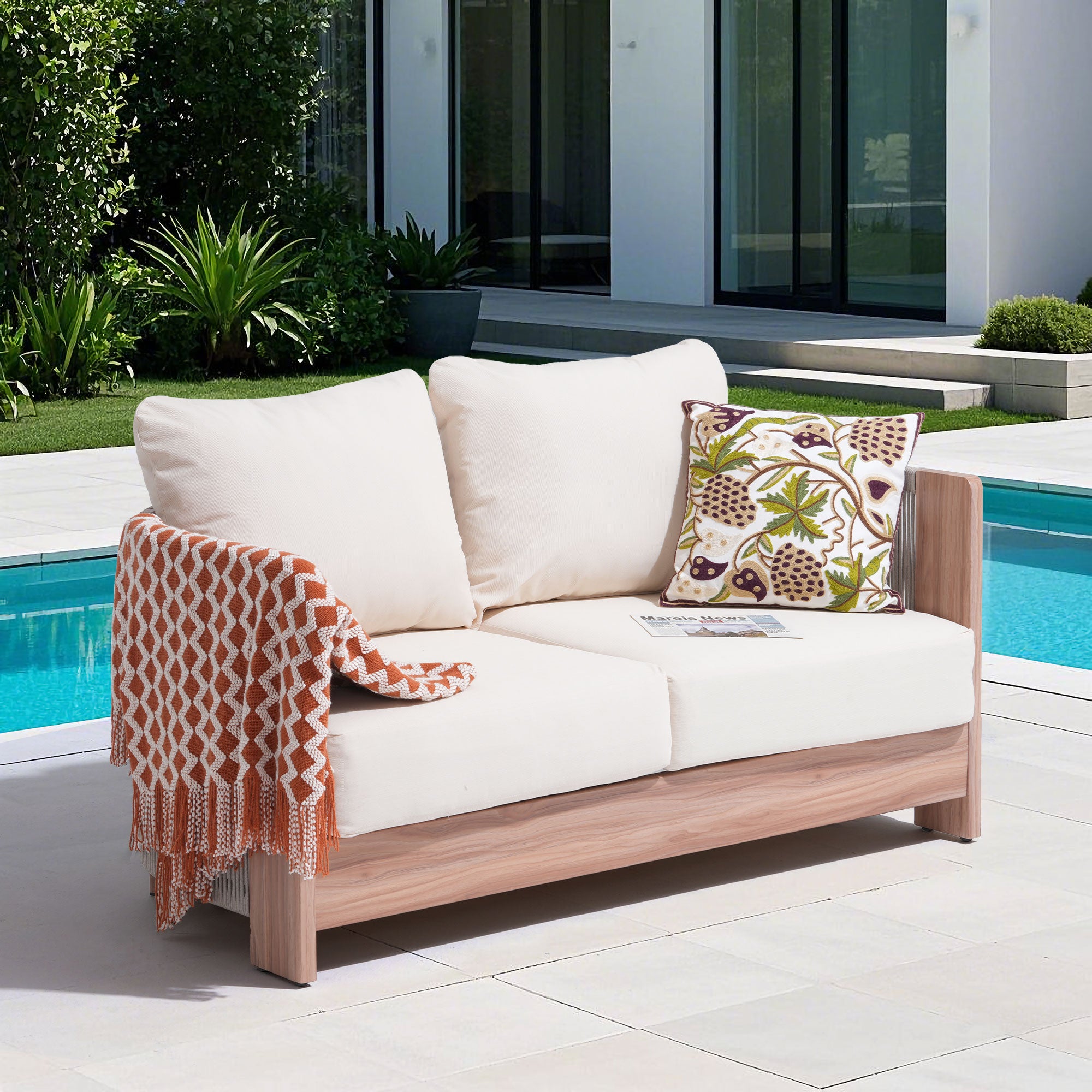 Irati Outdoor Loveseat, Rope Woven Design, Aluminum Frame, Thick Comfort Cushions