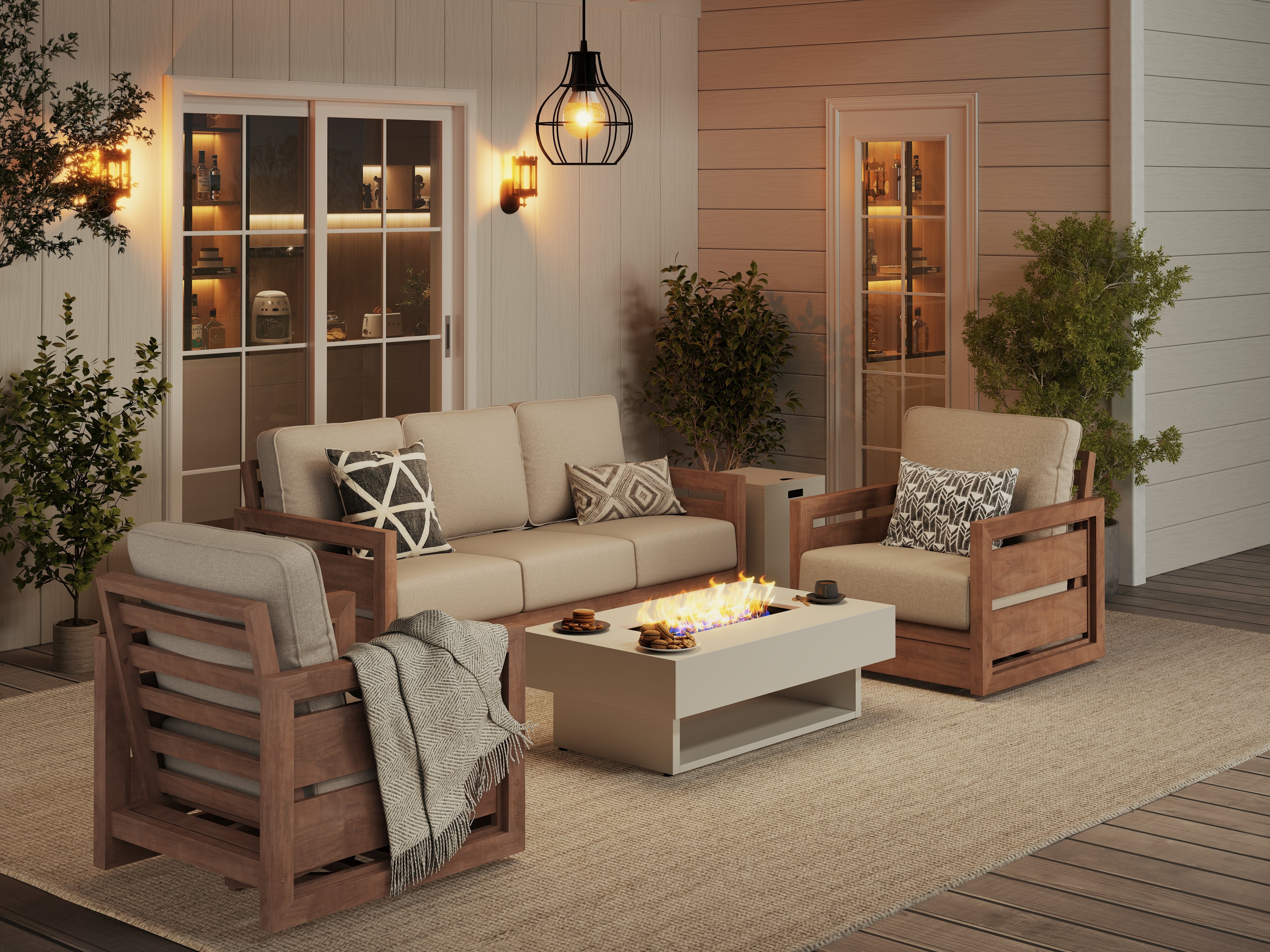 acacia wood Outdoor patio fire pit set with fire pit table for 5 people - Jardina Modern Premium Outdoor Patio Furniture Sets