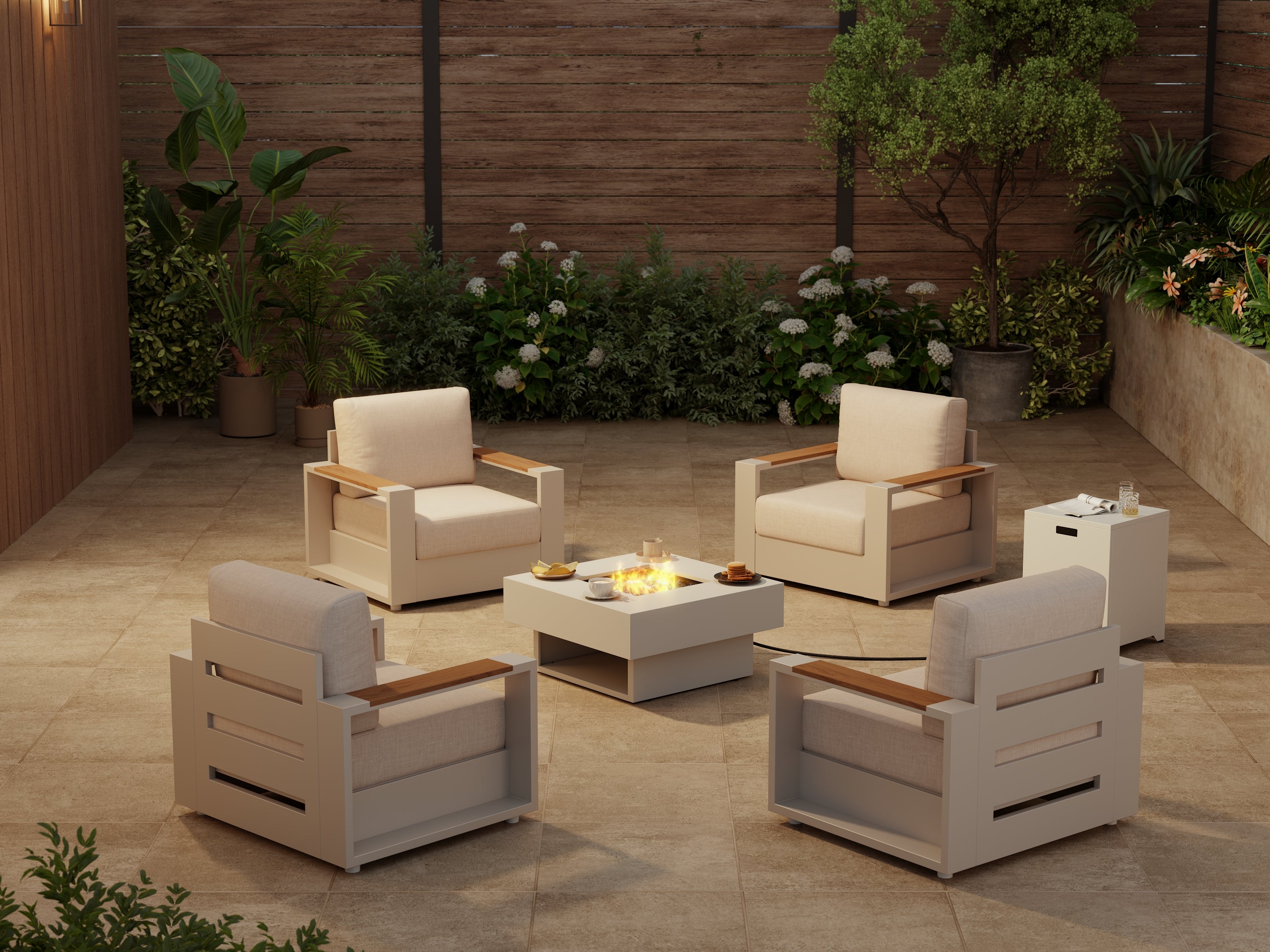 Addison Oyster White Outdoor Aluminum Lounge Chair Set with Square Fire Pit Table, Linen Olefin Cushion