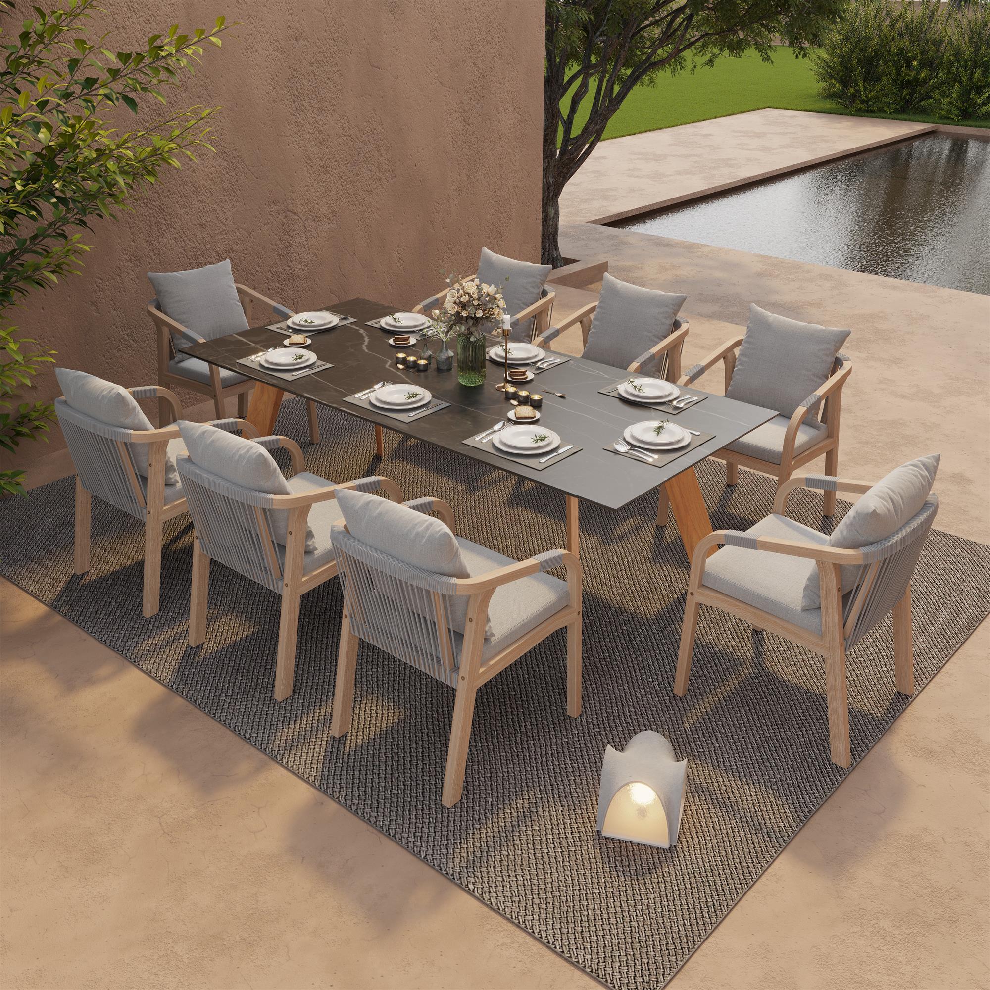 Thalea & Plena 8 Person Wooden Outdoor Dining Set with Laguna Stone Table, 90.6" Teak wood Leg