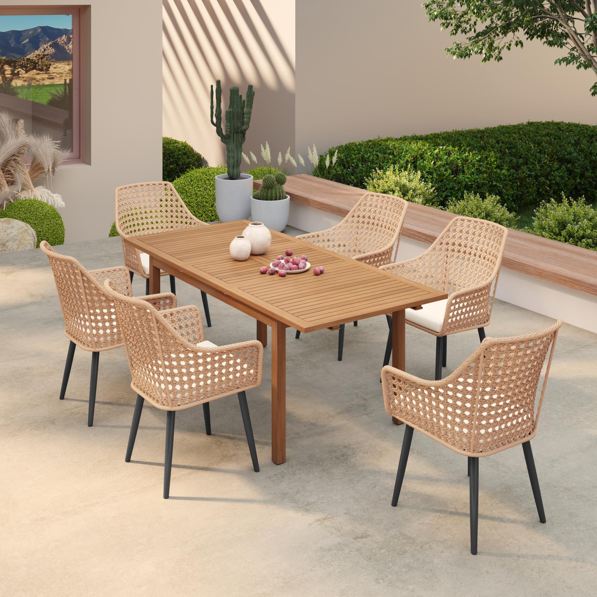 Menorca Wicker Patio Dining Set for 6, with Wood Extendable Table - Jardina Premium Modern Outdoor Dining Furniture