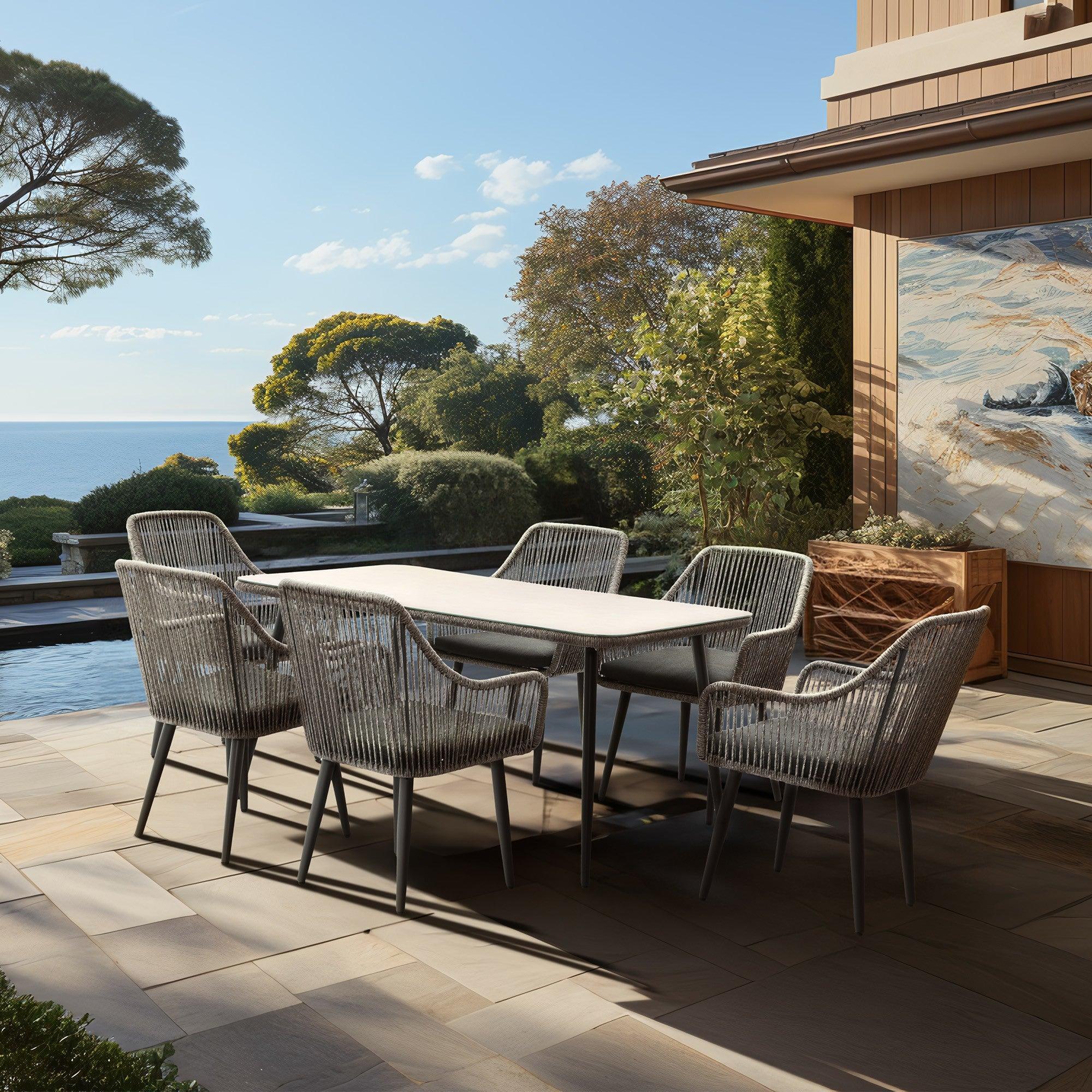 Hallerbos grey 6-person Outdoor Dining Set with steel frame, grey cushion, 1 rectangle Dining Table with Tempered Glass top, 6 dining chairs, outdoor space- Jardina Furniture#Color_Grey