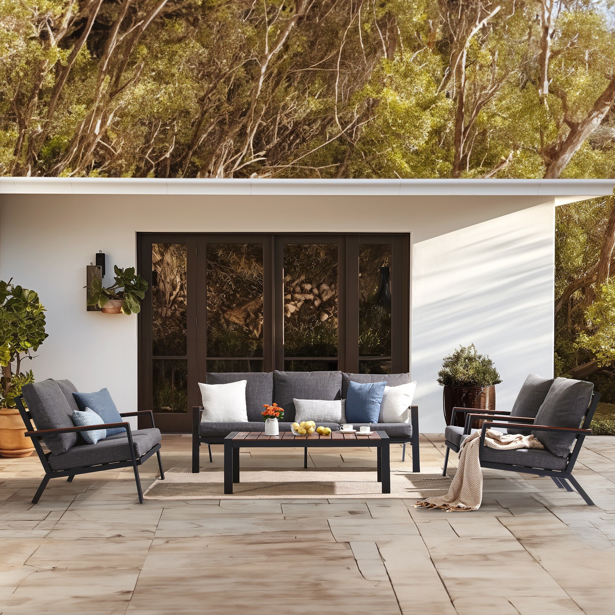 Ronda Modern Aluminum Outdoor Furniture, 4-Piece Grey outdoor Sofa Set with wood design, grey cushions, a loveseat, 2 armchairs, 1 slat-top eucalyptus wood finish table - Jardina Furniture