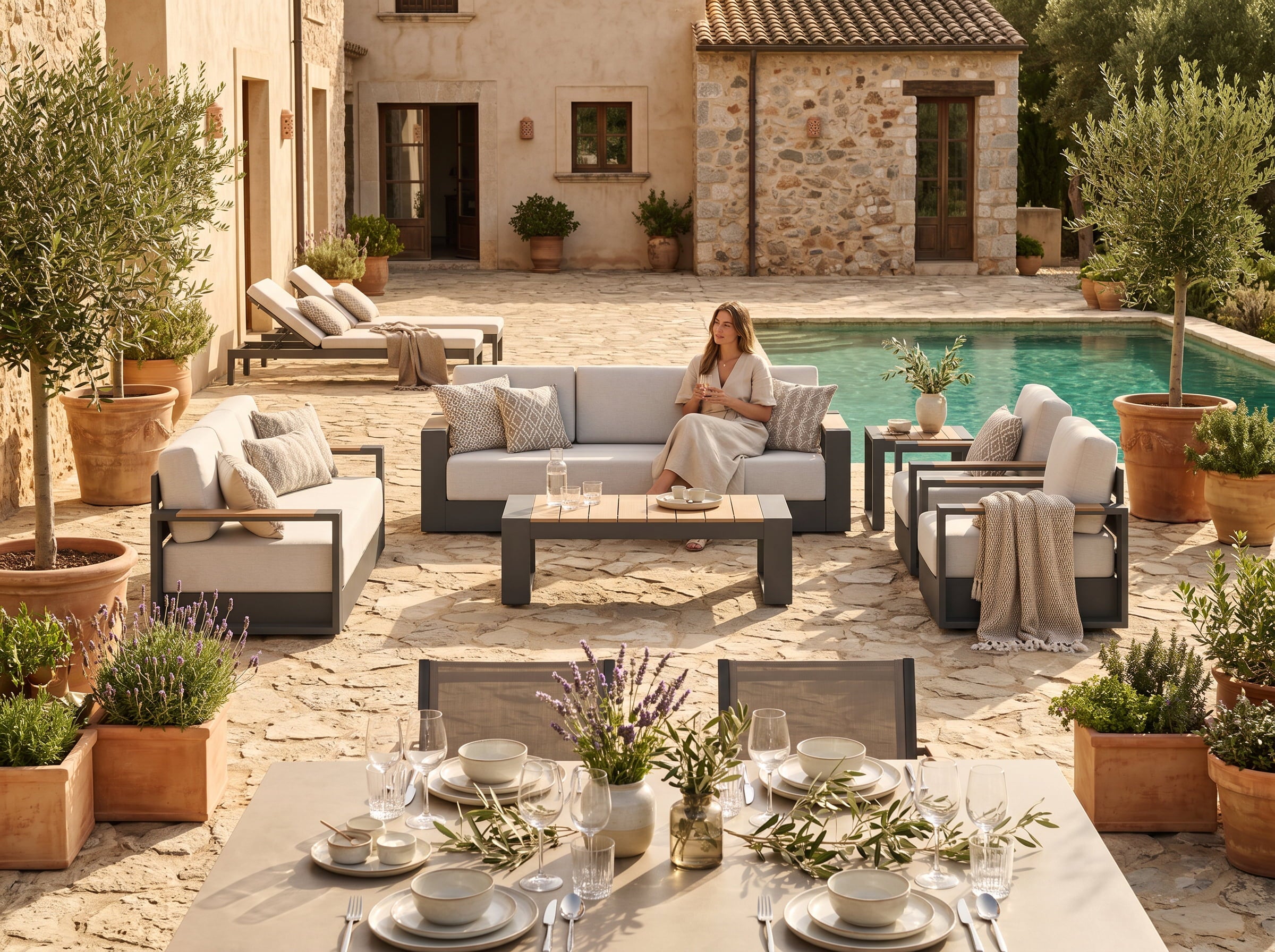 Addison Modern Metal Outdoor Sofa Set, Charcoal Aluminum, Swivel Chairs, 8 Seats