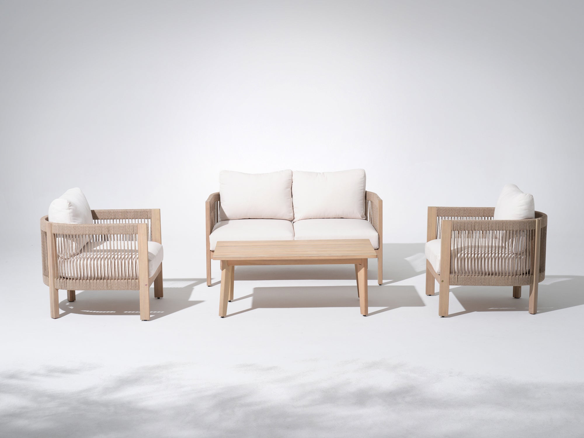 4pcs Outdoor conversation furniture set with wooden frames and white cushions- Jardina’s Modern Premium Outdoor Furniture#Style_4-pc_with_Loveseat