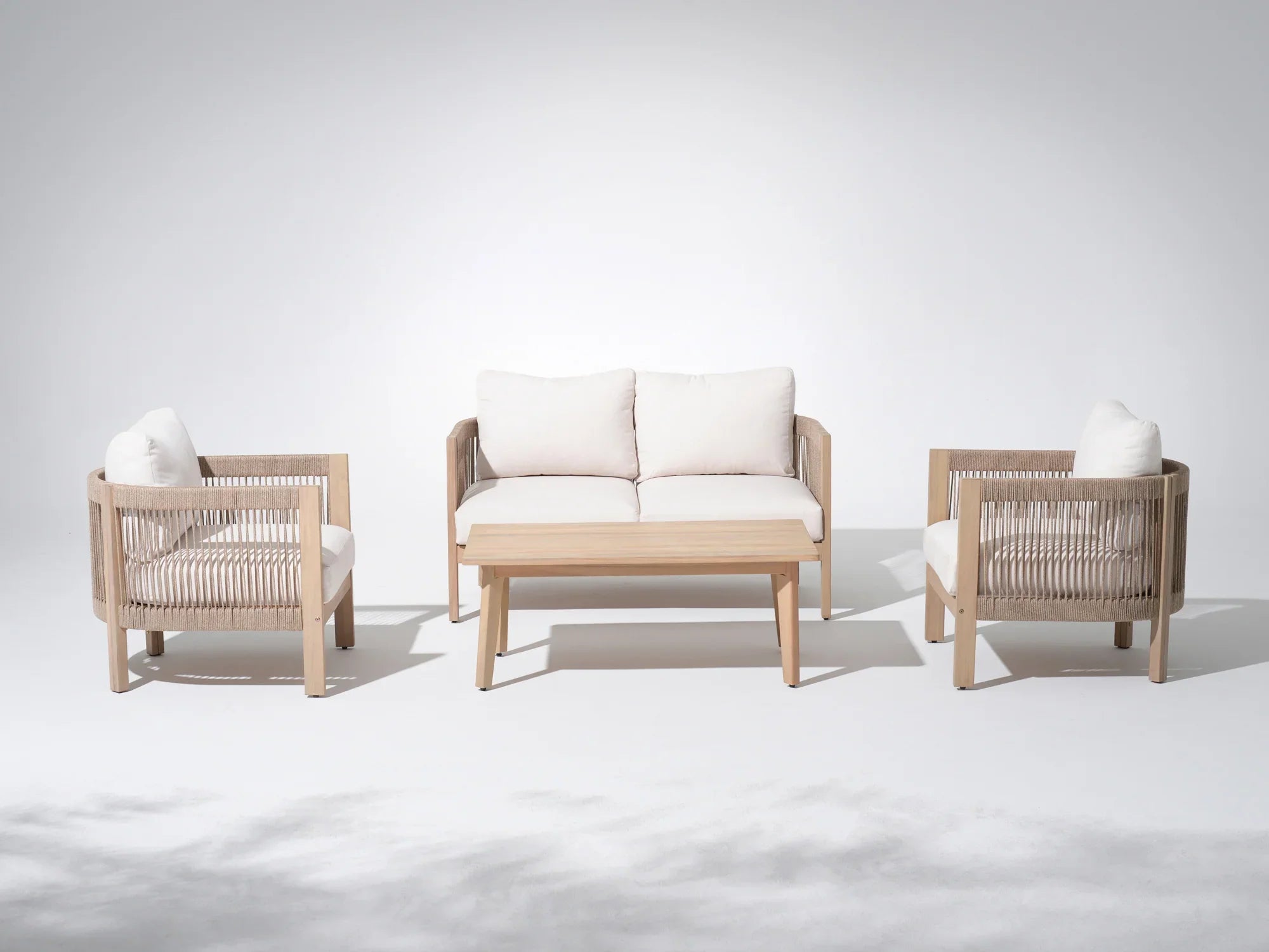 4pcs Outdoor conversation furniture set with wooden frames and white cushions- Jardina’s Modern Premium Outdoor Furniture#Style_4-pc_with_Loveseat