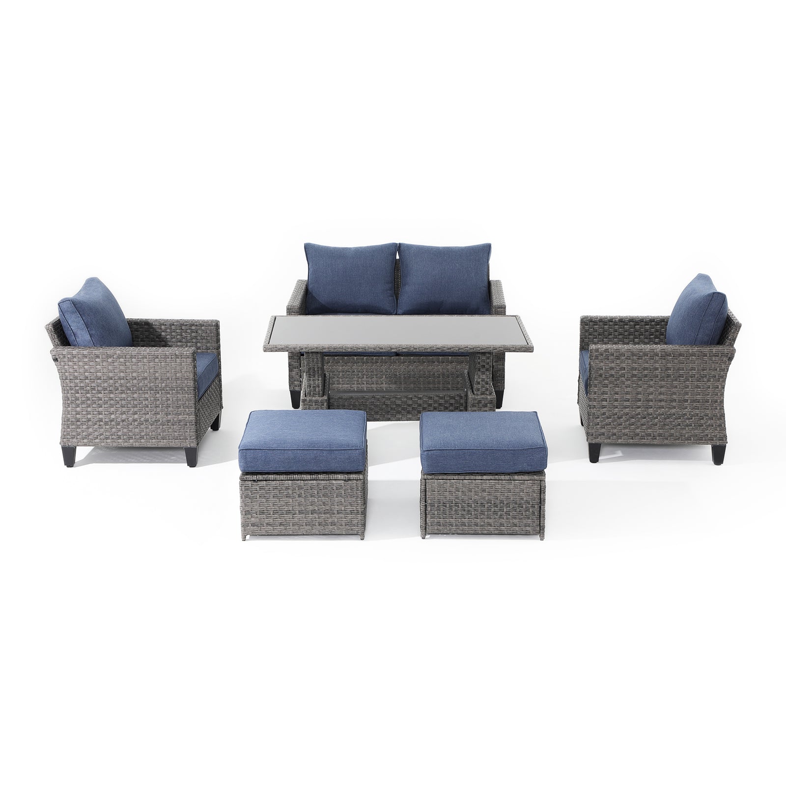 Ayia Modern HDPE Wicker Outdoor Furniture, 6 piece outdoor seating set with blue cushions-Jardina furniture #color_Navy blue#piece_6-pc. with Ottomans