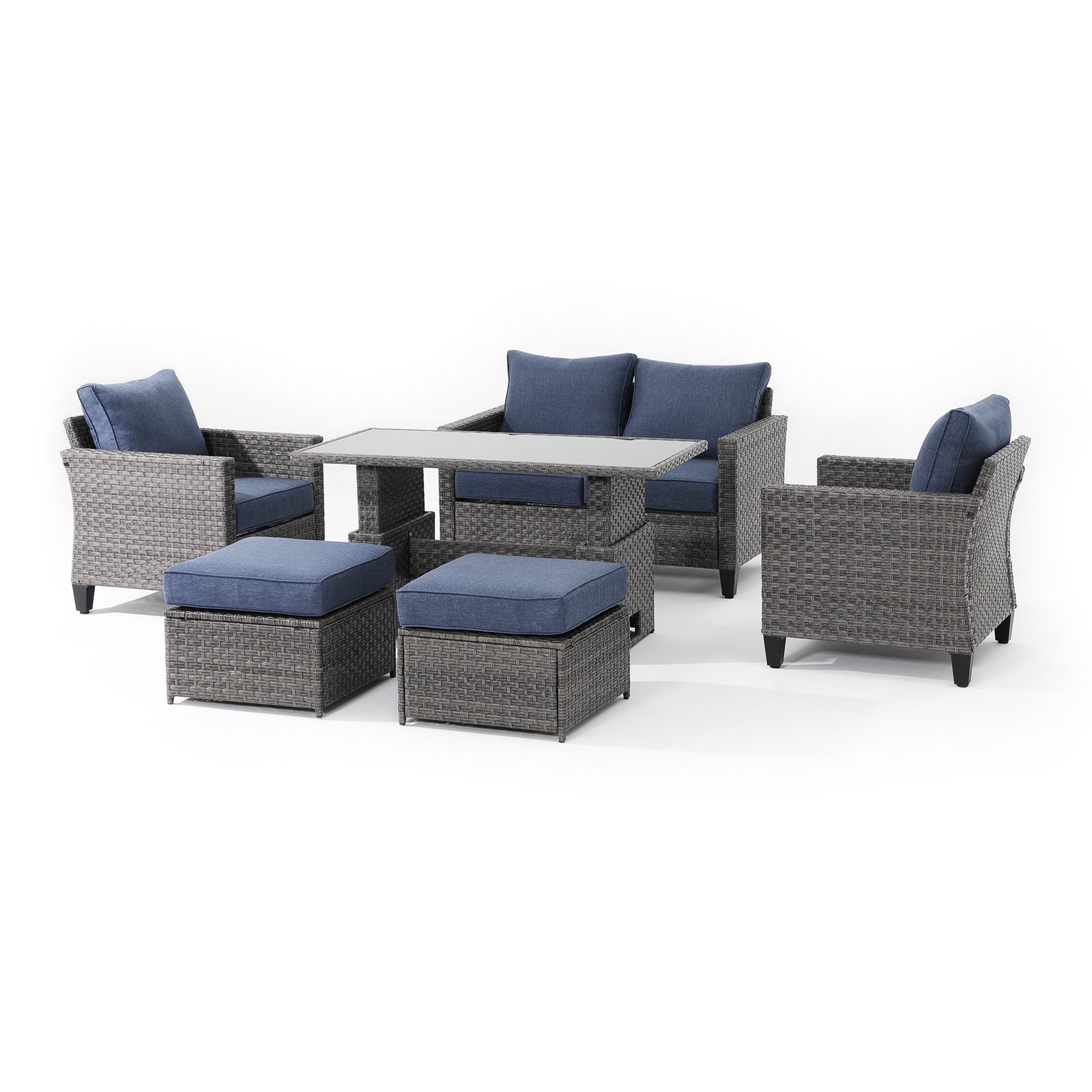 Ayia 6 piece outdoor seating set,wicker design, blue cushions-Jardina furniture #color_Navy blue#piece_6-pc. with Ottomans