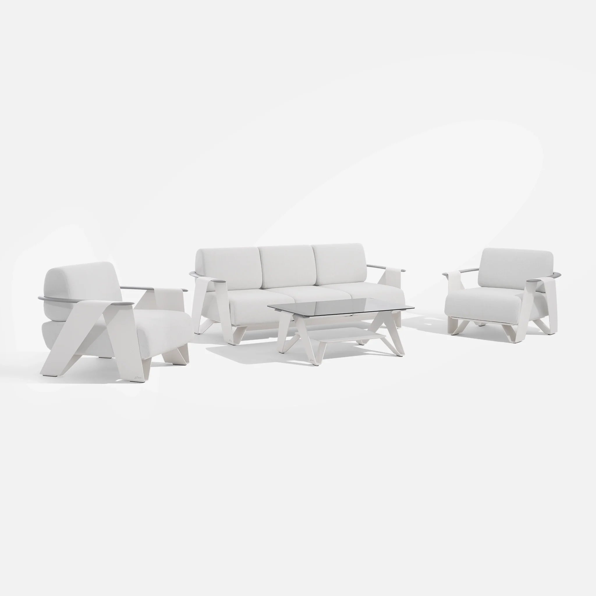 4-pcs white aluminum Outdoor conversation sofa set, white Aluminum Frame, White Cushions, a 3-seat sofa, two single sofa armchairs, a rectangular outdoor coffee table with Tempered Glass Tabletop - Jardina Premium Modern Outdoor Patio Furniture Set