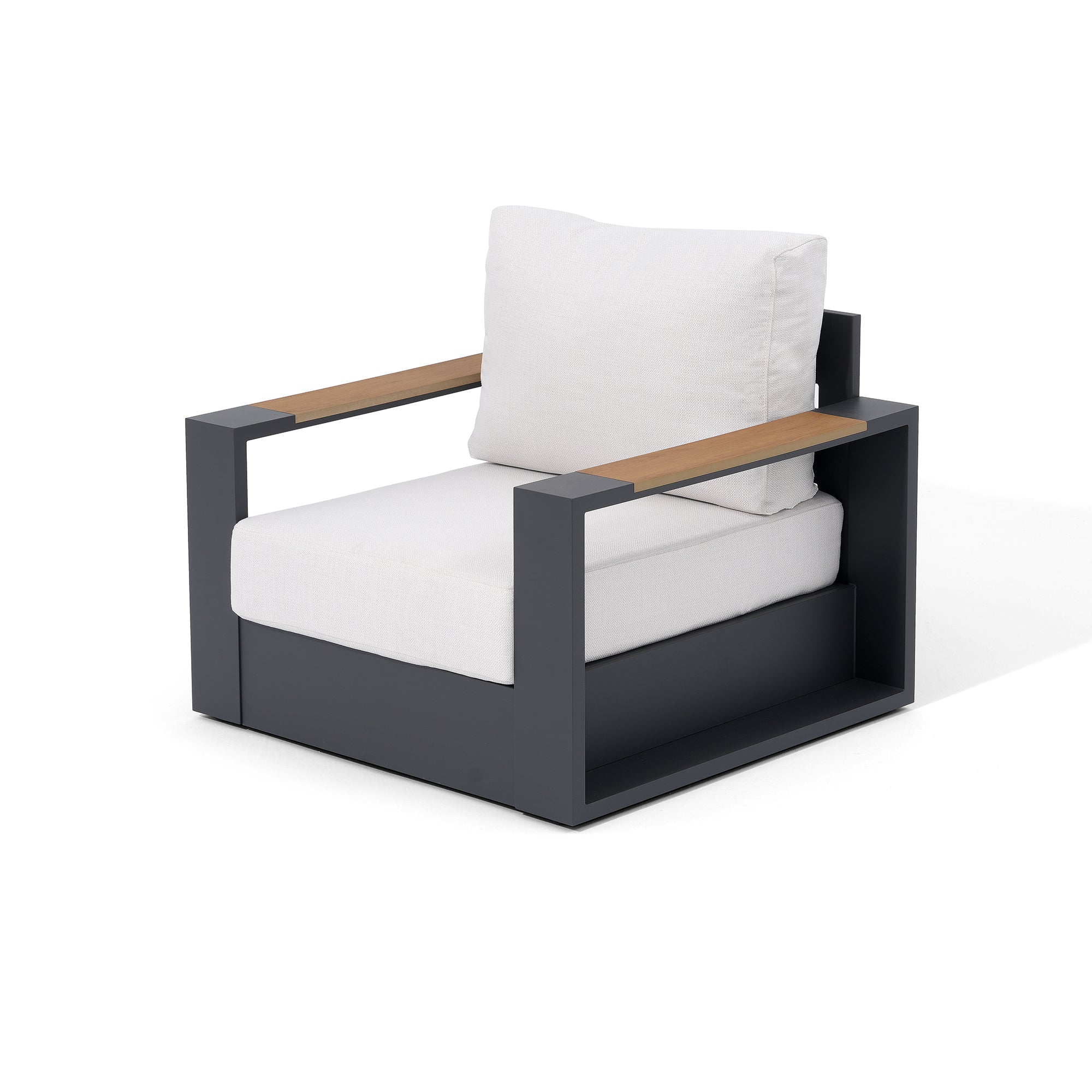 Addision Modern Metal Outdoor single sofa, Dark Grey Aluminum Frame, White Cushions, wood-top armrests - Jardina Premium Modern Outdoor Patio Furniture