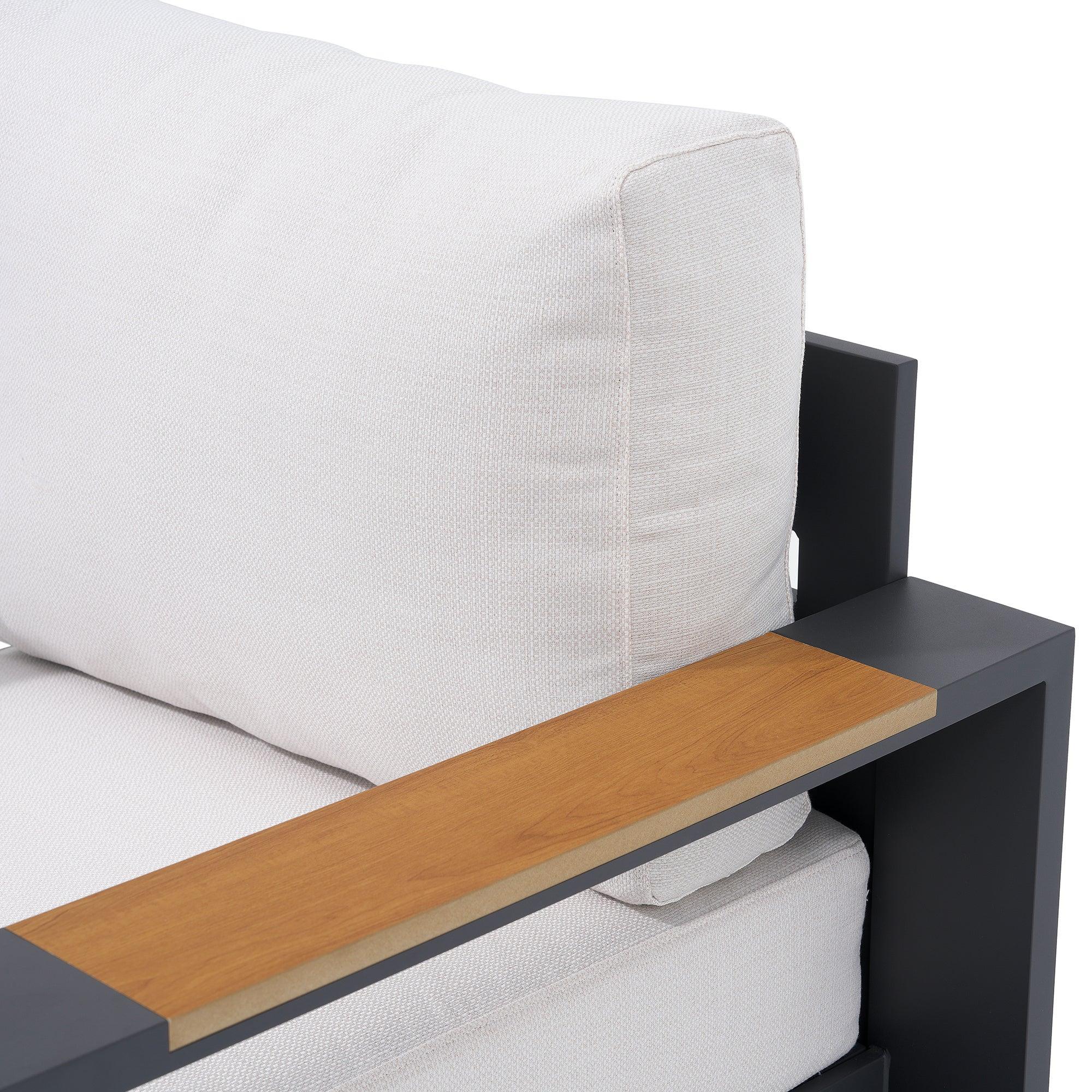 Addision Modern Metal Outdoor conversation sofa set, Dark Grey Aluminum Frame, White Cushions, wood-top armrests detail - Jardina Premium Modern Outdoor Patio Furniture