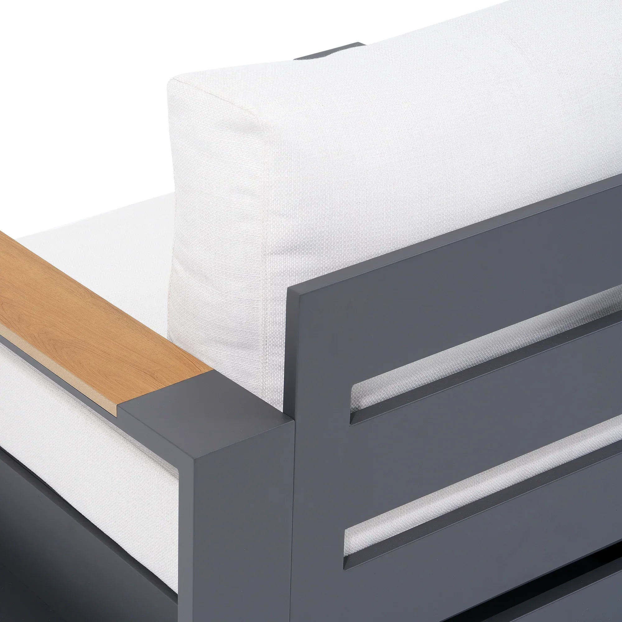 Addision Modern Metal Outdoor conversation sofa set, Dark Grey Aluminum Frame, White Cushions, wood-top armrests detail - Jardina Premium Modern Outdoor Patio Furniture